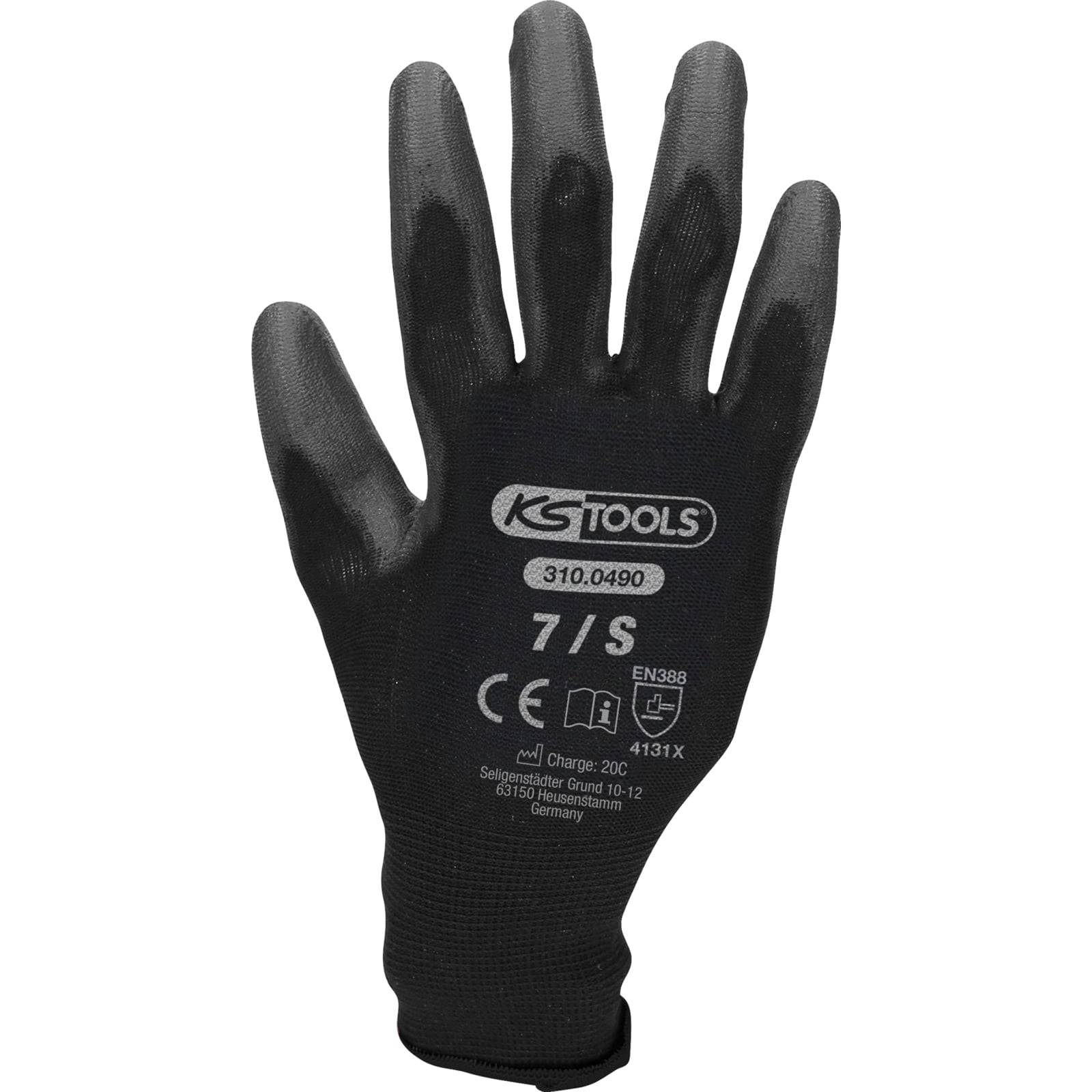 Ein schwarzer Arbeitshandschuh mit weißen Logos und Text auf der Rückseite, der die Marke 'KS Tools', die Größe '7/S' und Sicherheitszertifizierungen anzeigt.