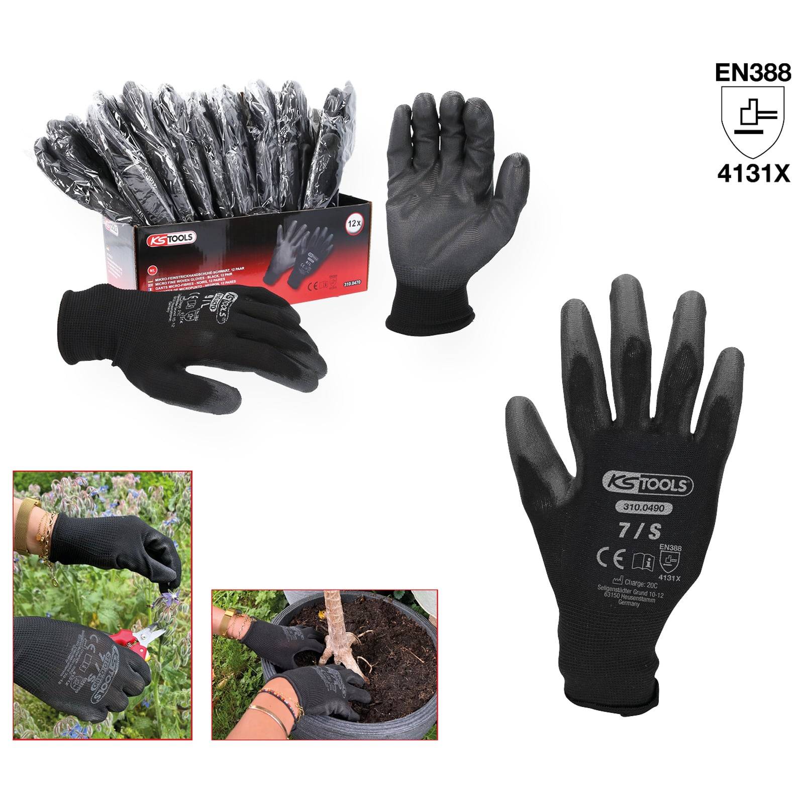 Schwarze Arbeitshandschuhe werden mit Verpackung präsentiert; entwickelt für Garten- und Bauarbeiten. EN388 zertifiziert, Code 4131X. Bilder zeigen Handschuhe im Einsatz.