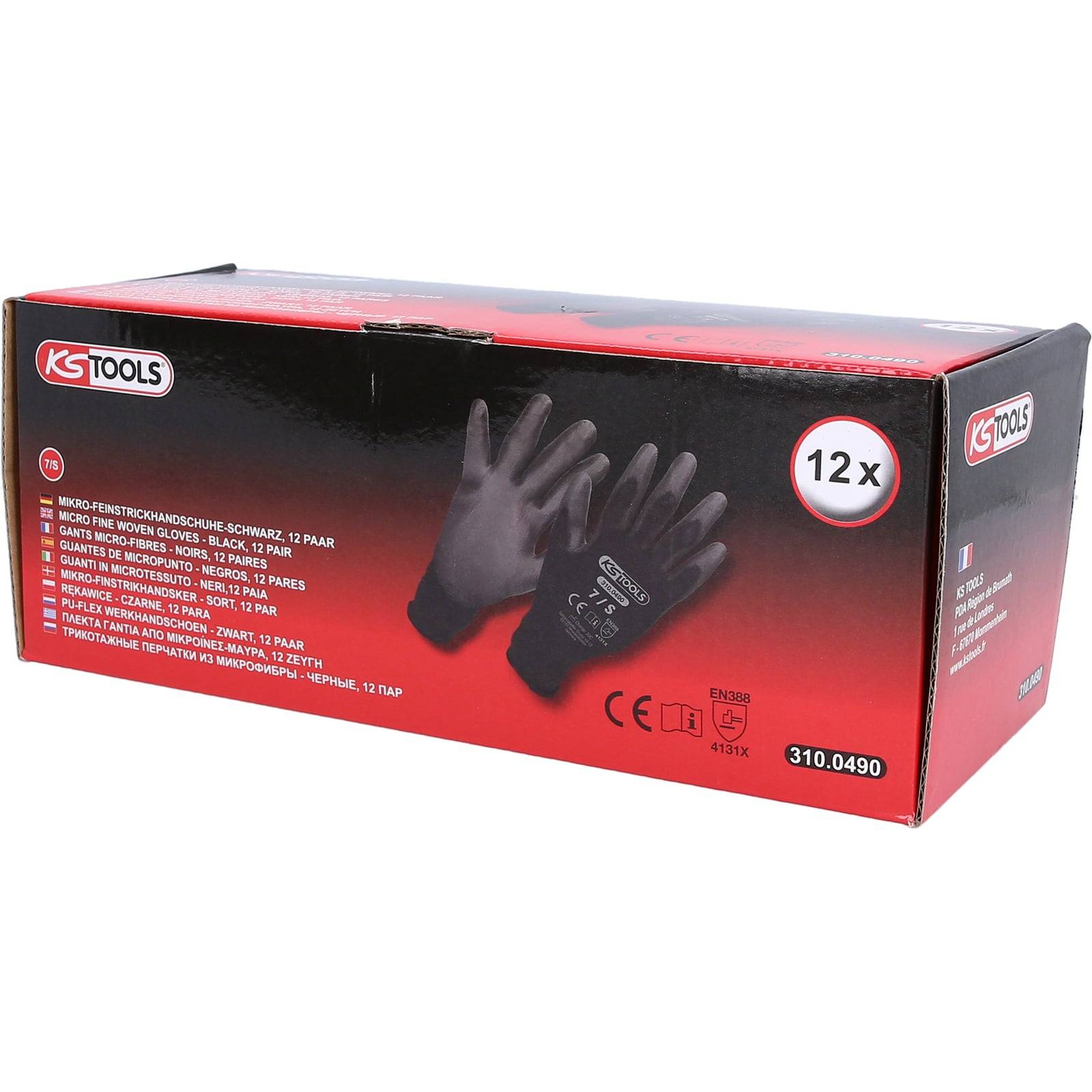Eine Box mit der Aufschrift 'KS Tools', die 12 Paar schwarze Nitrilhandschuhe zeigt, ideal zum Schutz. Artikel-Nummer: 310.0490.