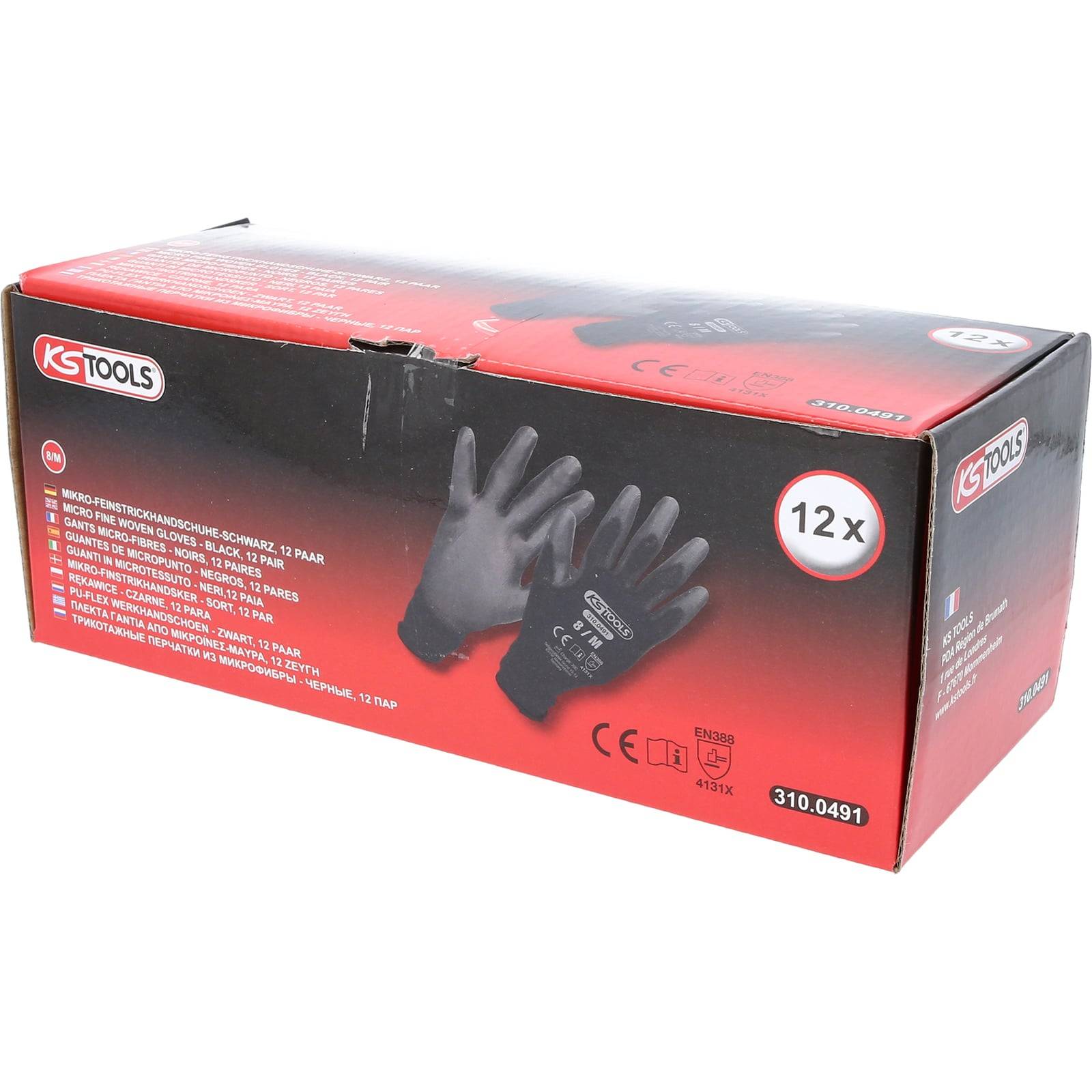 Karton mit 12 Paar schwarzen KS Tools Sicherheitshandschuhen, Größe 10. Merkmale umfassen EN-Normen und CE-Kennzeichnung, Bild der Handschuhe auf der Verpackung.