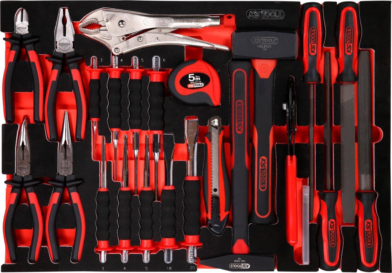 KS TOOLS Werkzeuge-Maschinen GmbH Zangen- / Hammer- / und Meißel-Satz in Schaumstoffeinlage, 33-tlg (811.0033)