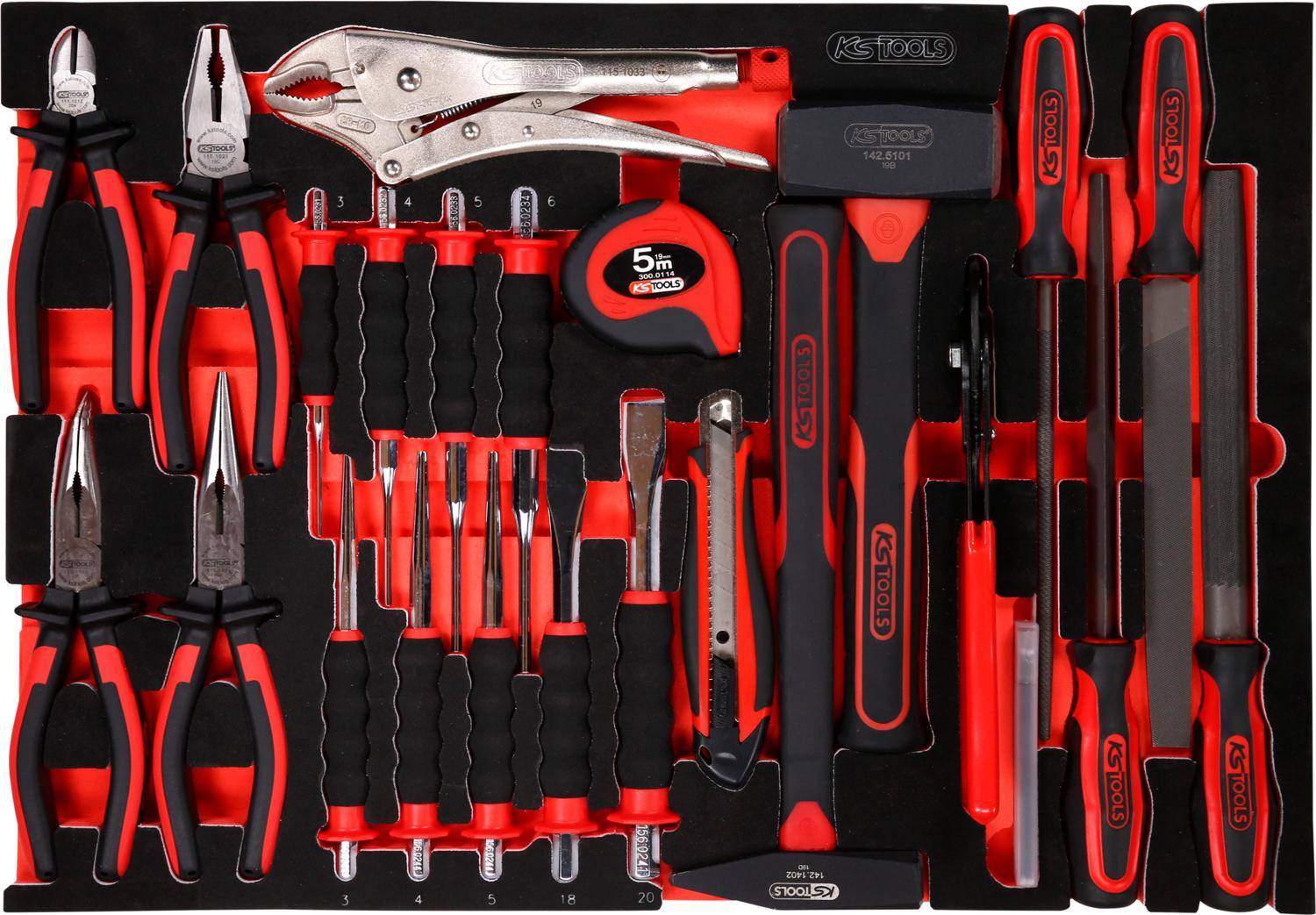 KS TOOLS Zangen- / Hammer- / und Meißel-Satz in Schaumstoffeinlage,
