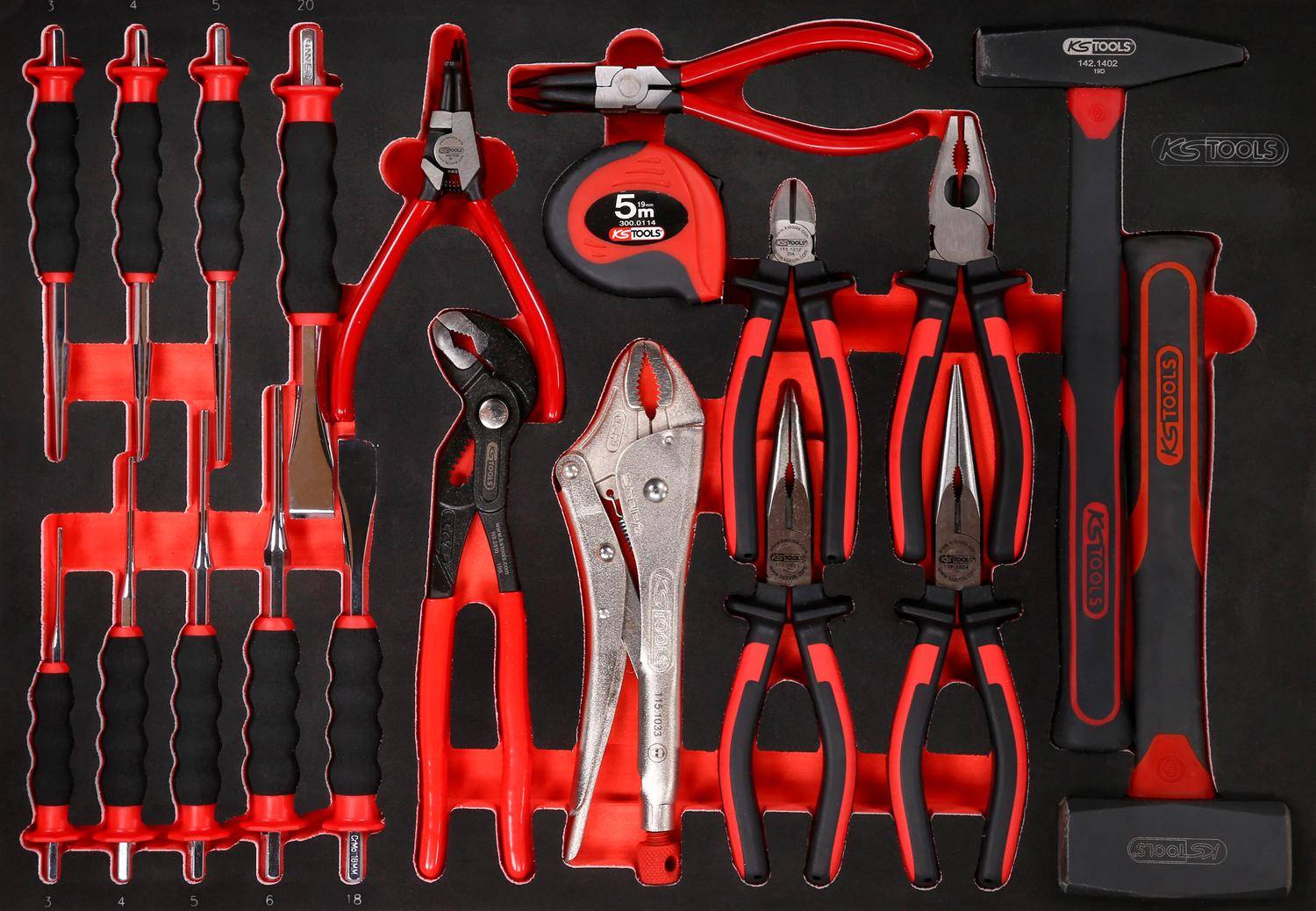 KS TOOLS Zangen- / Hammer- / und Meißel-Satz in Schaumstoffeinlage,