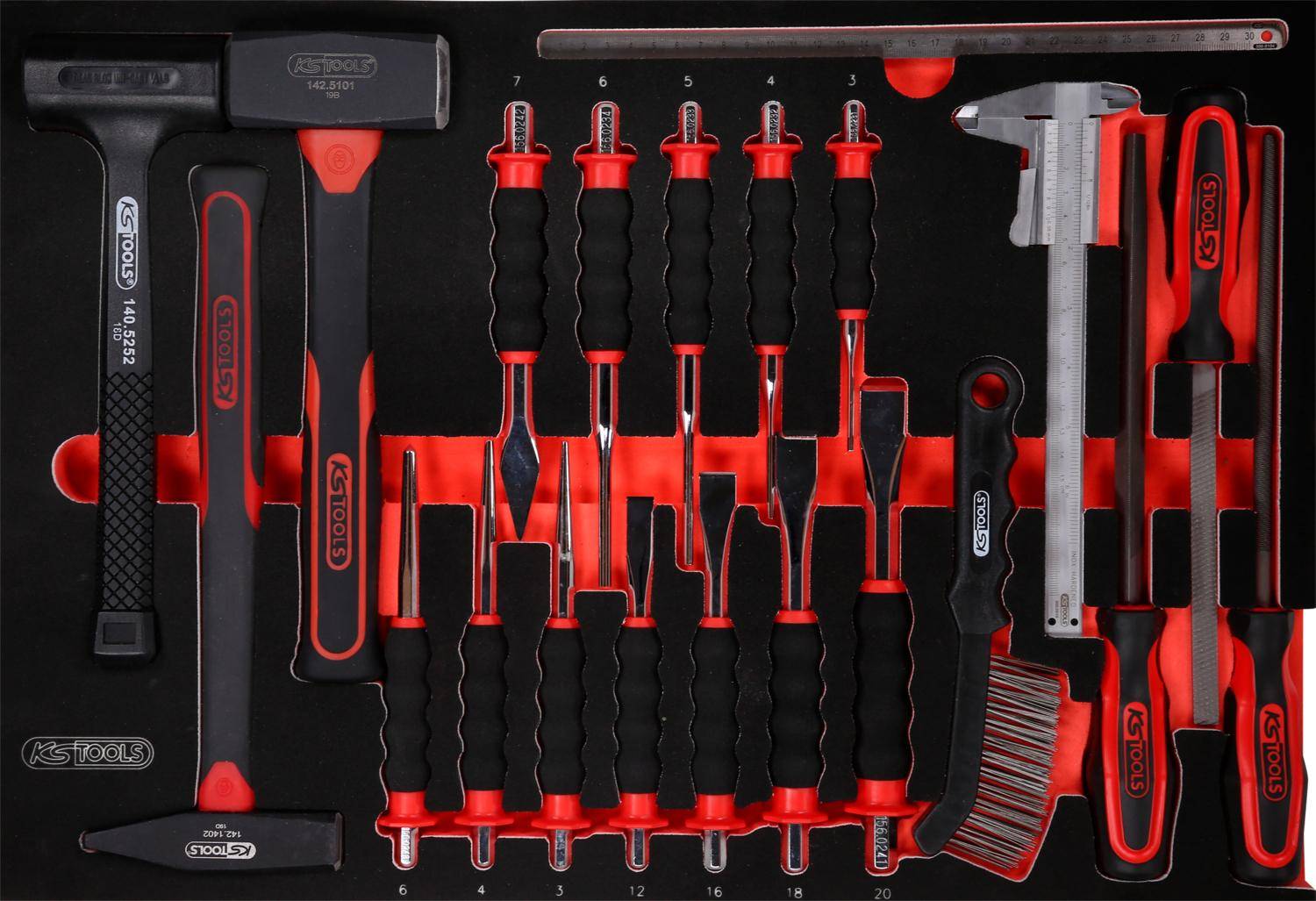 KS TOOLS Hammer- / Meißel- / und Feilen-Satz in Schaumstoffeinlage,