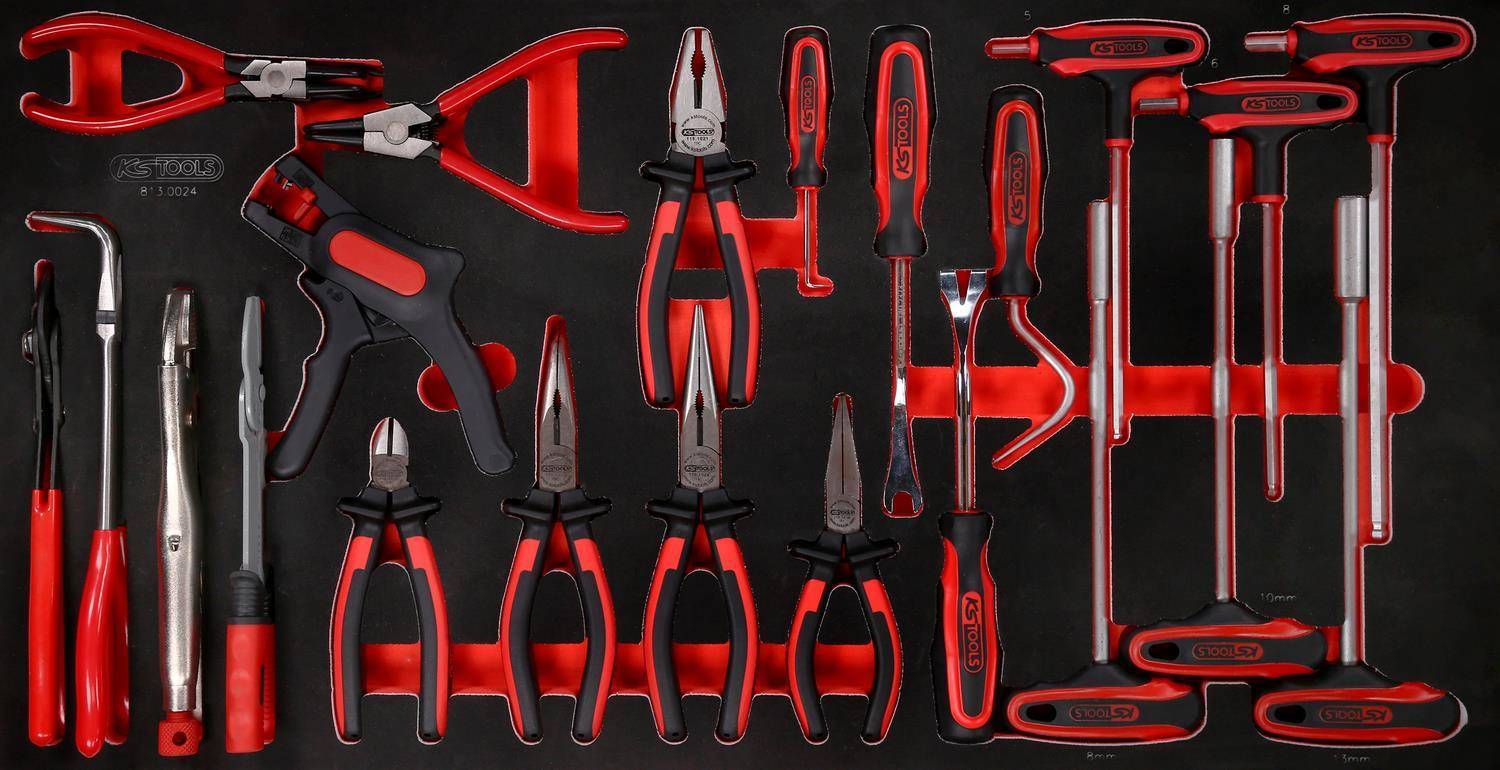 KS TOOLS Werkzeuge-Maschinen GmbH T-Griff-Winkelstiftschlüssel- / und Zangen-Satz in Schaumstoffeinlage, 24-tlg (813.002