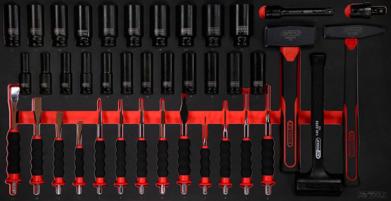 KS TOOLS Werkzeuge-Maschinen GmbH Hammer- / Meißel- / und Kraft-Stecknuss-Satz in Schaumstoffeinlage, 40-tlg (813.0040)