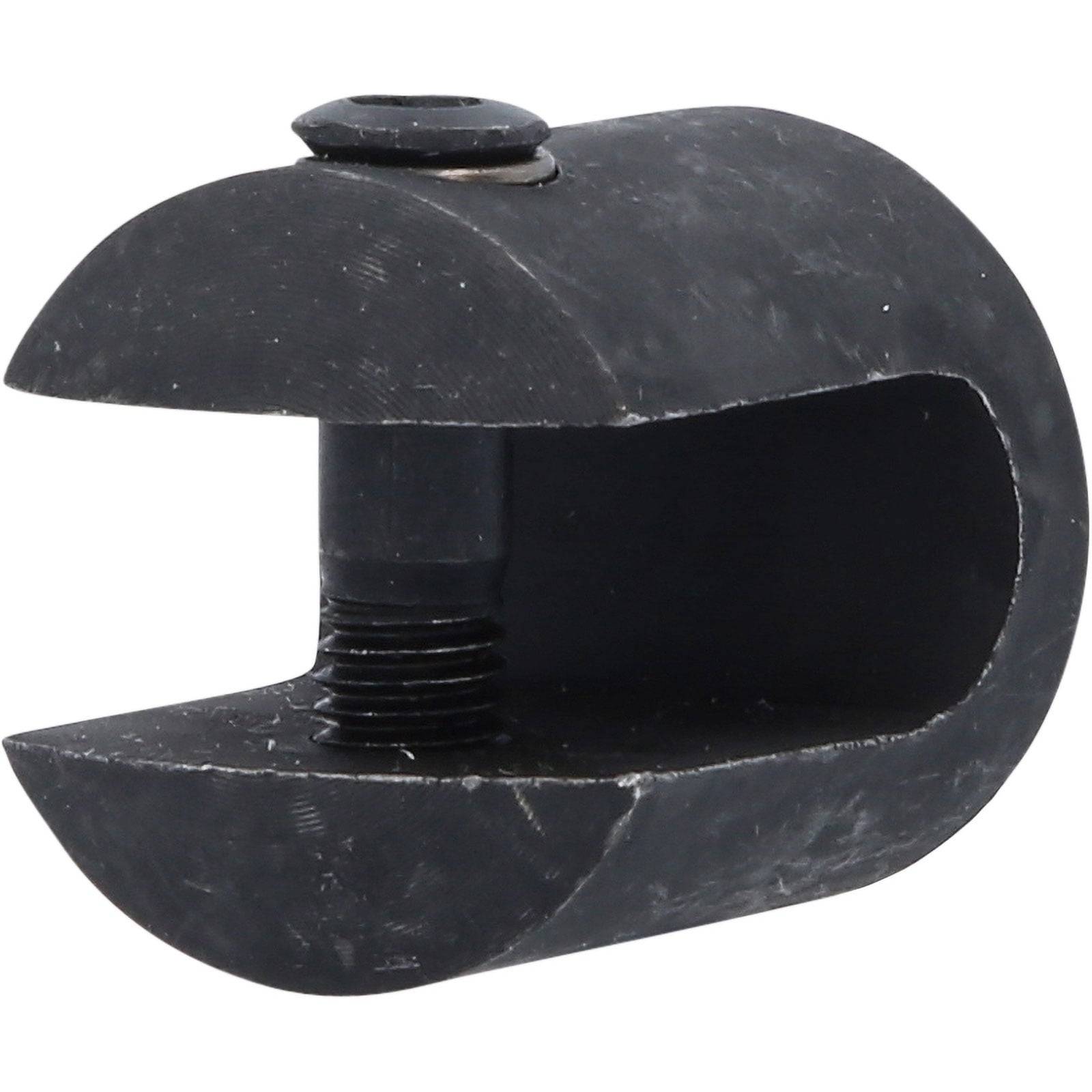 Ein schwarzes Metallkupplungselement mit abgerundeten Kanten und Gewindeabschnitt, das zum Verbinden von Teilen verwendet wird.