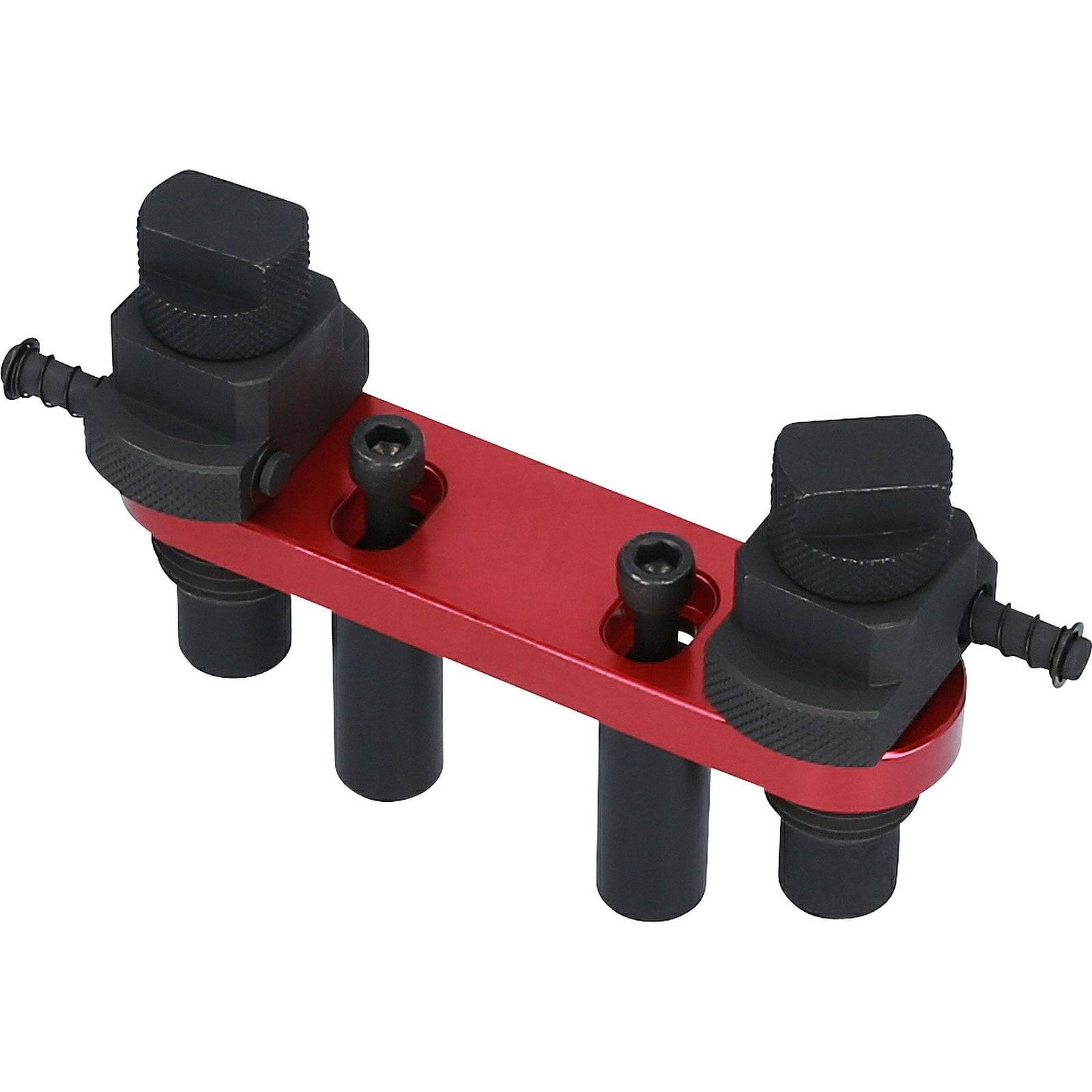 Ein rot-schwarzes Automobil-Werkzeug mit Klemmvorrichtungen und Stifte zum Ausrichten und Fixieren der Nockenwellen eines Fahrzeugs während Wartungsarbeiten.