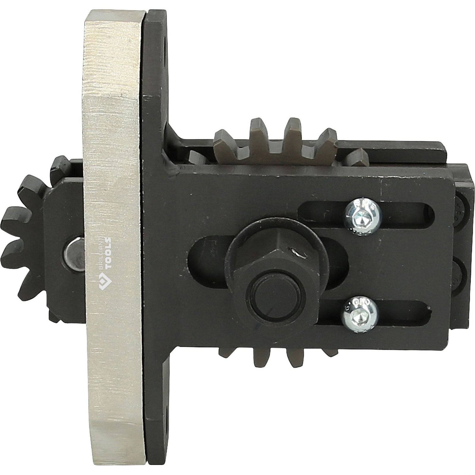 Ein schwarzer, industrieller Getriebemechanismus mit sichtbaren Bolzen und Zahnrädern, wahrscheinlich Teil einer Maschine oder eines Werkzeugs.