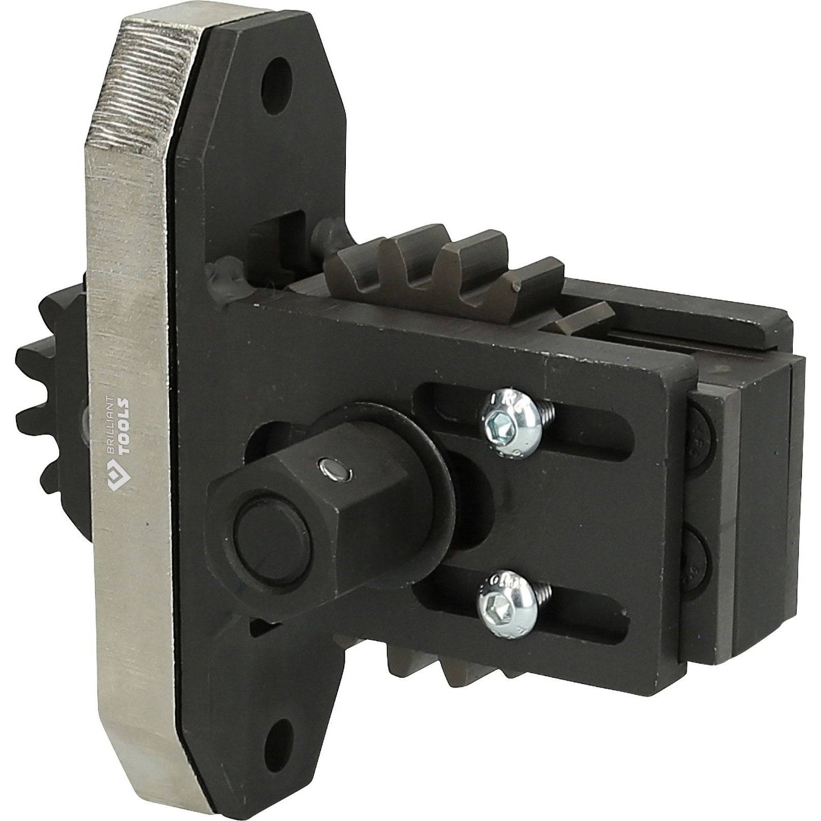 Eine schwarze mechanische Schraubzwinge mit Zahnrädern und Schrauben, ausgestattet mit robusten Metallbacken. Wird zum sicheren Halten von Objekten in industriellen Umgebungen verwendet.