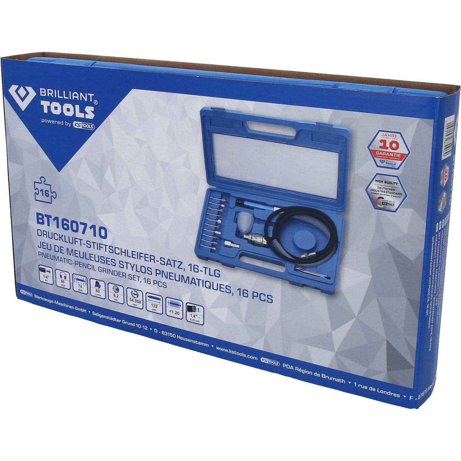 Blaue Verpackungsbox eines pneumatischen Bleistiftschleifgerätesatzes der Marke 'Brilliant Tools', Modell BT160710, enthaltend 16 Teile, die im Inneren ausgestellt sind.
