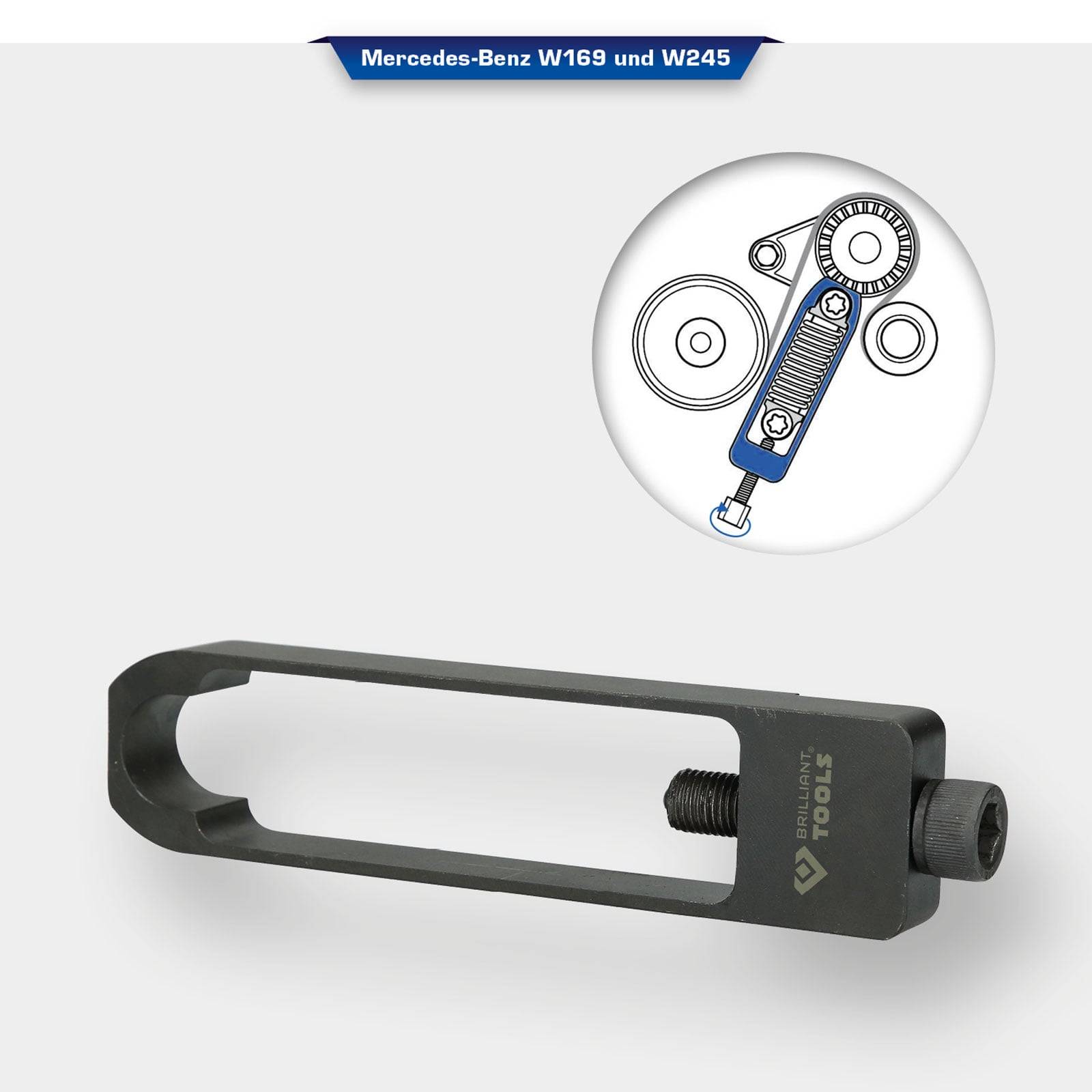 Diagramm des Keilrippenriemensystems eines Automotors mit einem Spezialwerkzeug darunter, gekennzeichnet für Mercedes-Benz W169 und W245 Modelle.