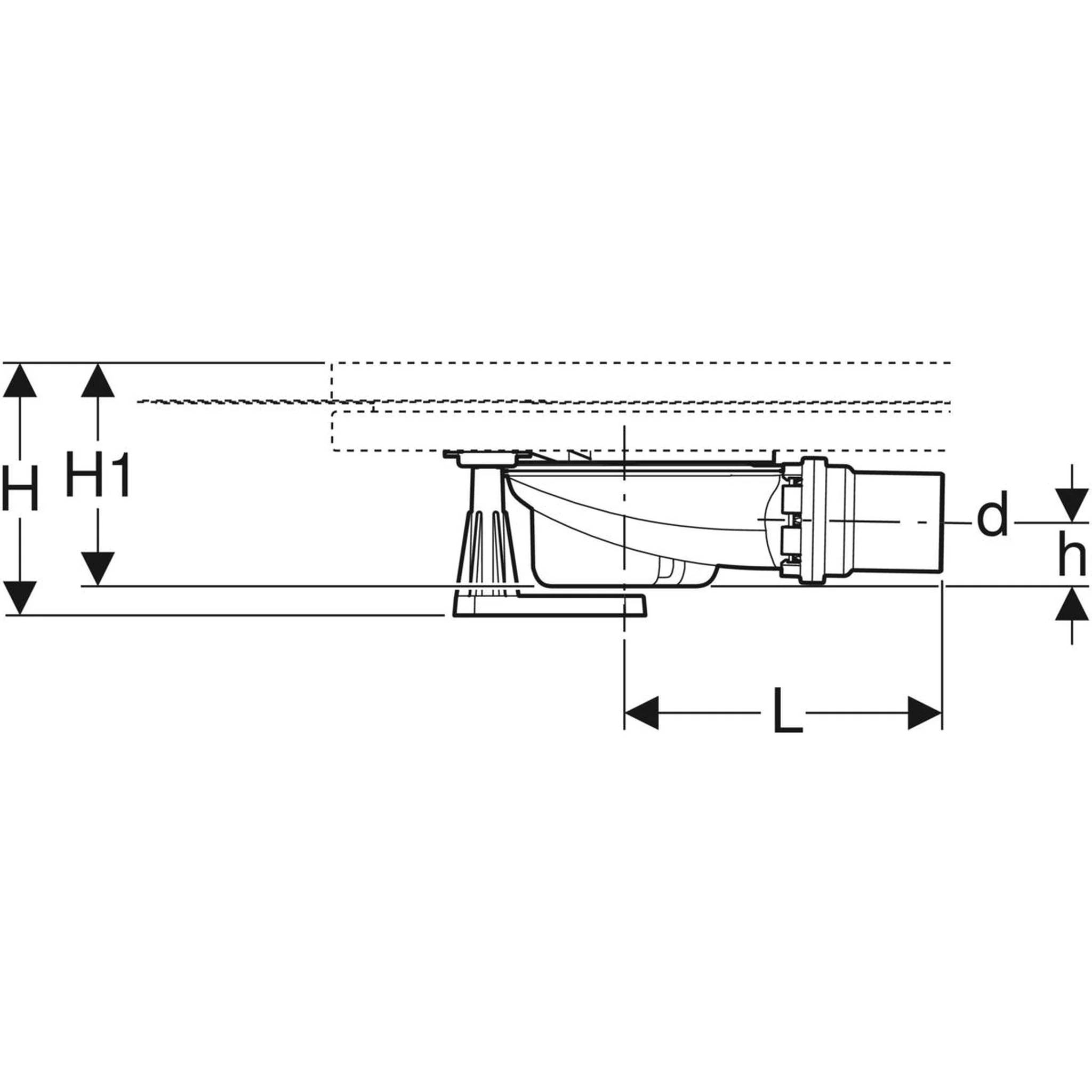 Seitenansicht technisches Schaltbild einer Toilette mit beschrifteten Abmessungen H, H1, L, d und h, die Installationsvorkehrungen und Gesamtgröße zeigen.