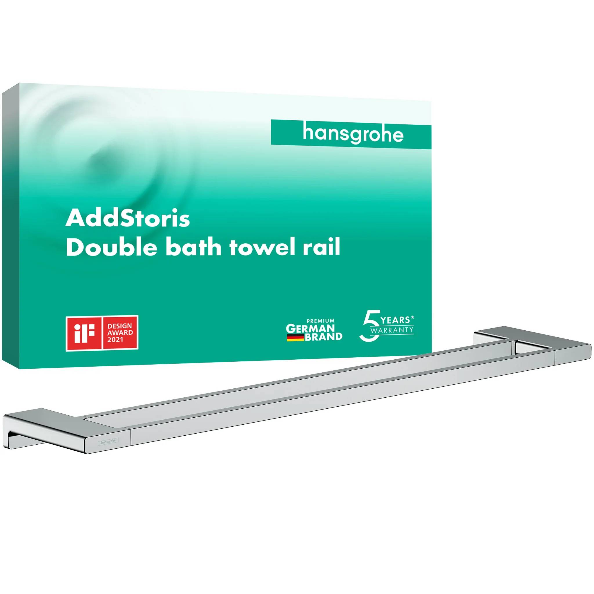 Verpackung für hansgrohe AddStoris doppelte Badetuchstange mit Metallhandtuchstange vorne gezeigt sowie Auszeichnungs- und Garantiesiegel auf der Schachtel