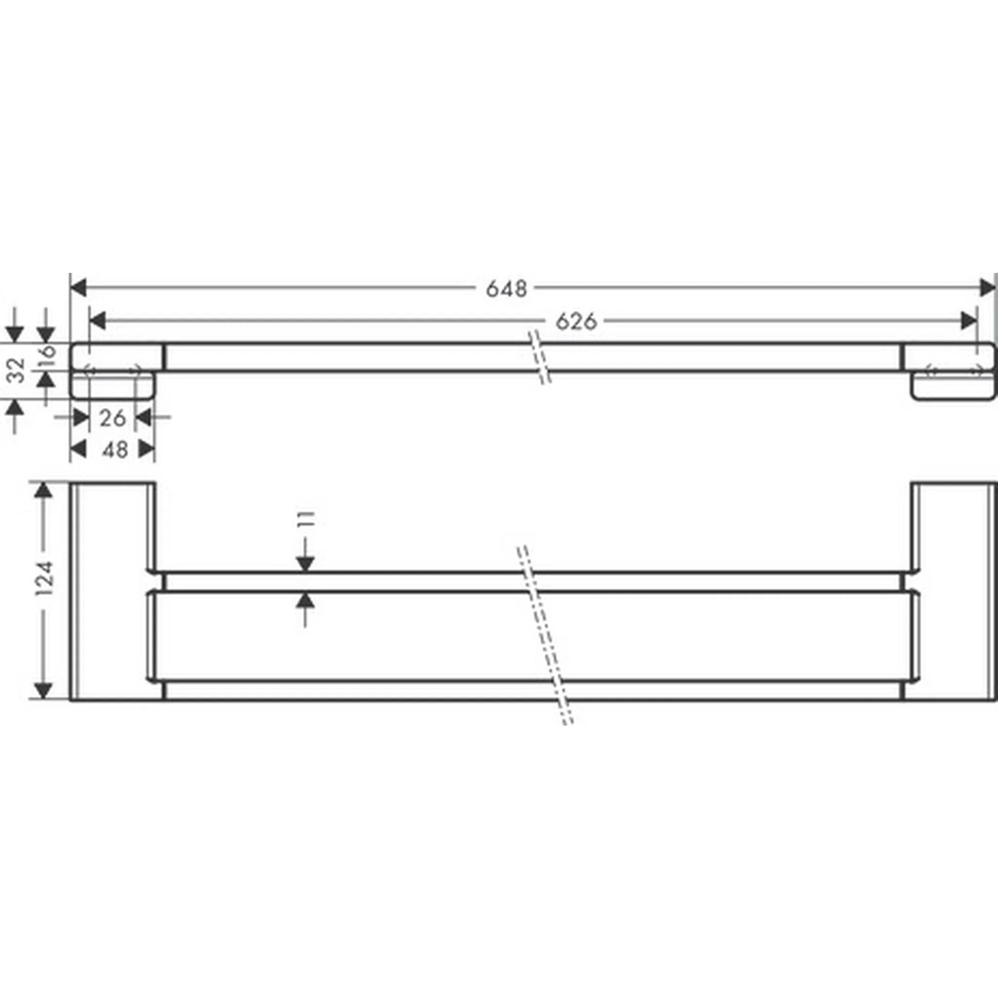 Technische Maßzeichnung einer horizontalen Stange/eines Griffes mit Seitenmontagen, zeigt wichtige Abmessungen: 648 mm Gesamtlänge, 626 mm innere Spannweite, 124 mm Höhe und kleinere Breiten von 32, 26 und 48 mm.