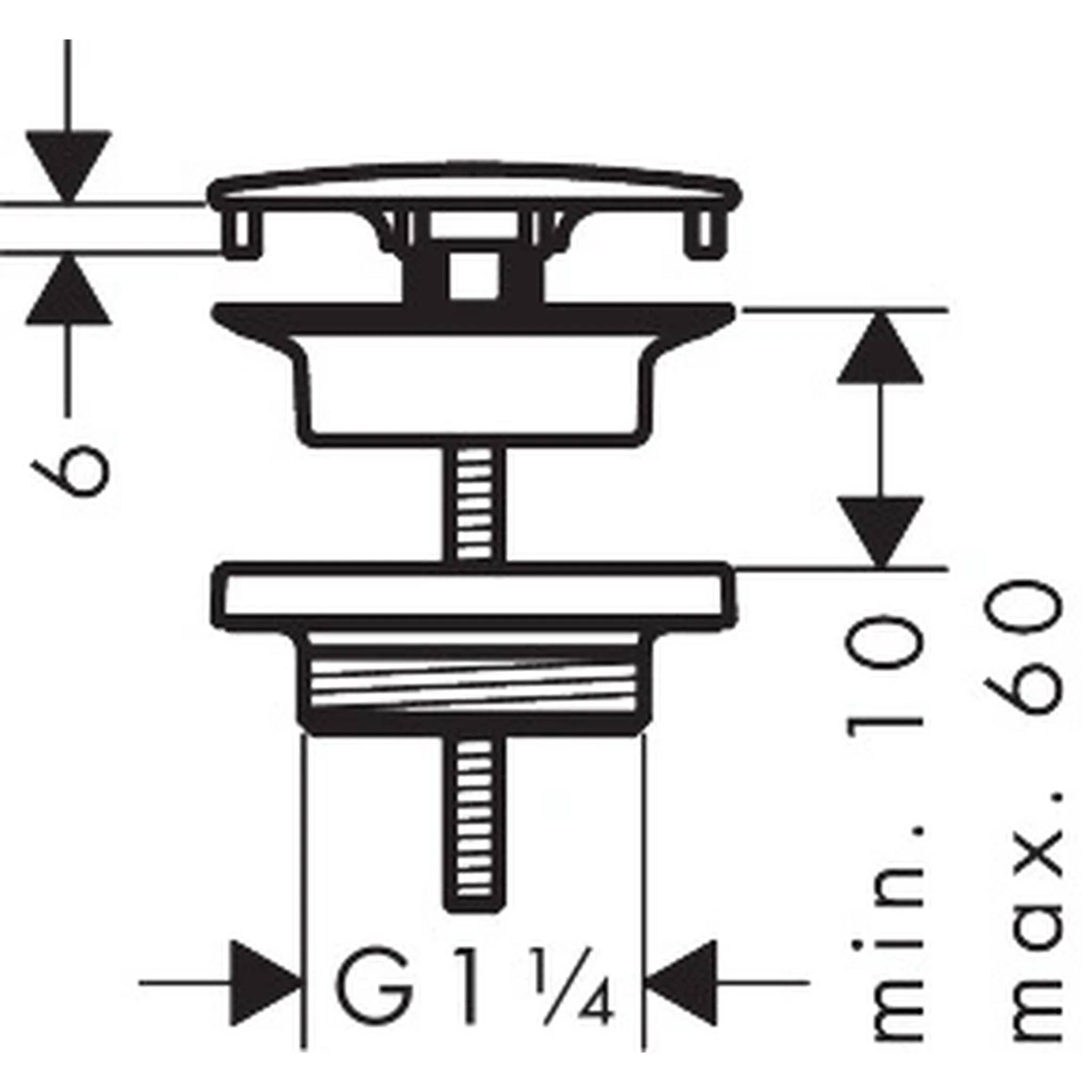 Technisches Diagramm einer Gewindeinstallationsverschraubung mit Abmessungen, einschließlich G 1¼, mit min. 10 und max. 60 Höhenmessungen.
