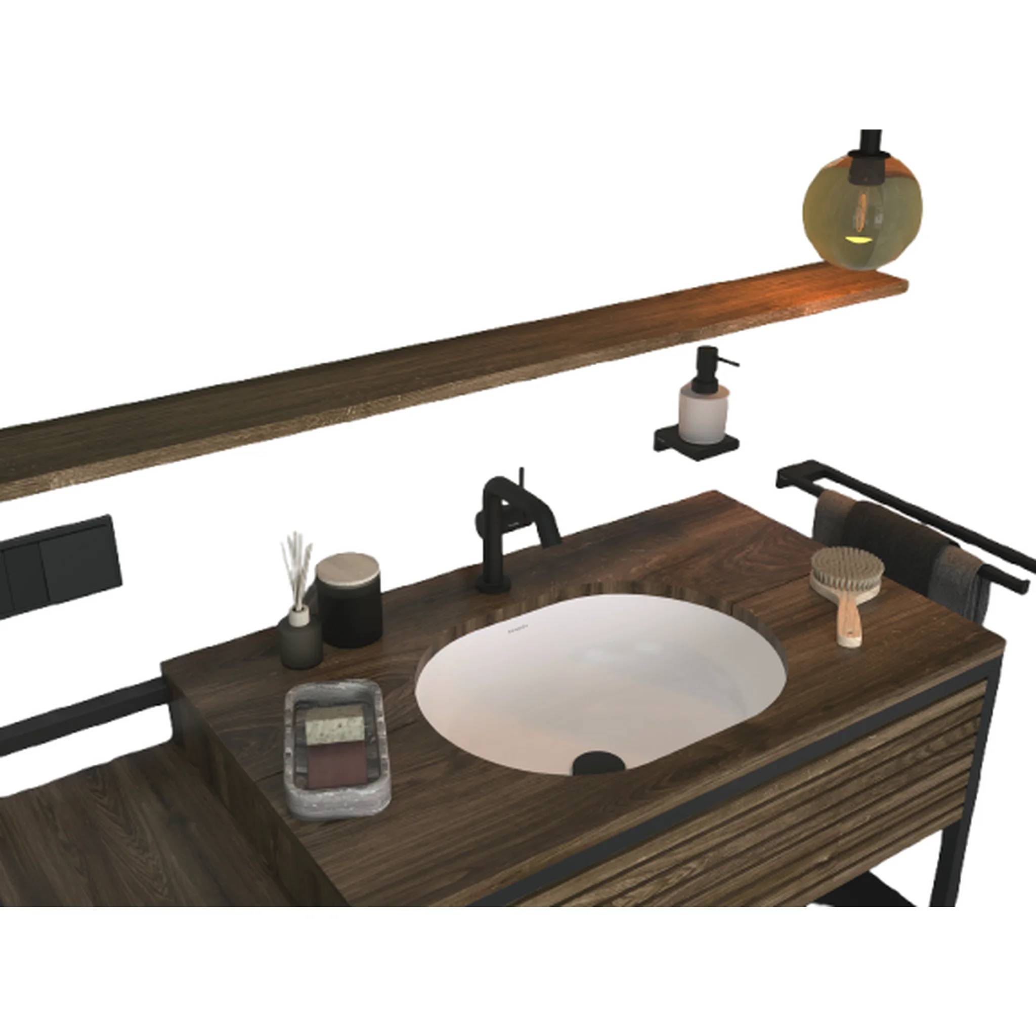 Modernes Badezimmermöbel mit Holzarbeitsfläche, rundem Waschbecken, schwarzem Wasserhahn, Spiegelbord, Wandleuchte und Badezimmeraccessoires.