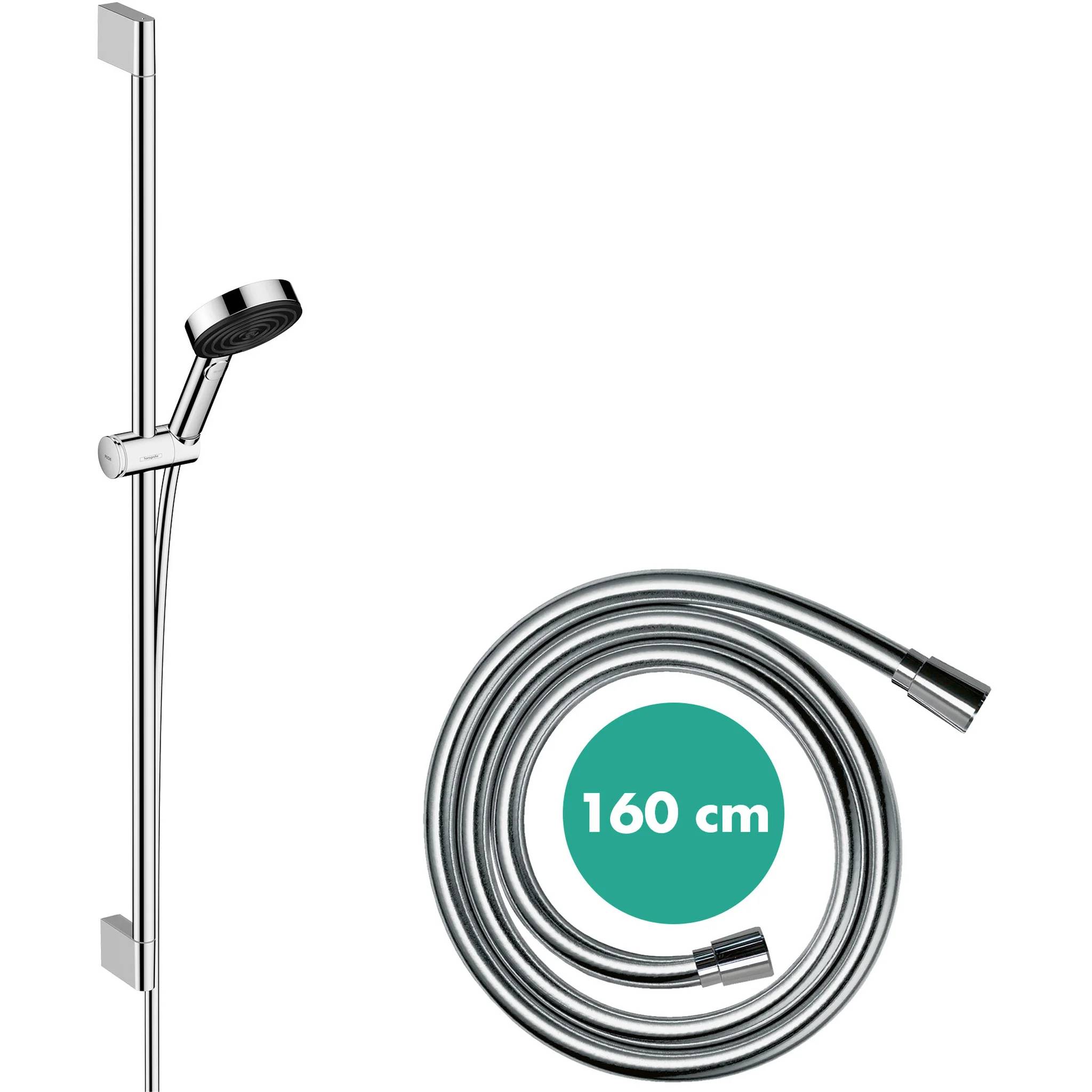Chrom-Handbrausenset mit Wandschiene und 160 cm Schlauch, dargestellt aufgerollt und beschriftet mit 