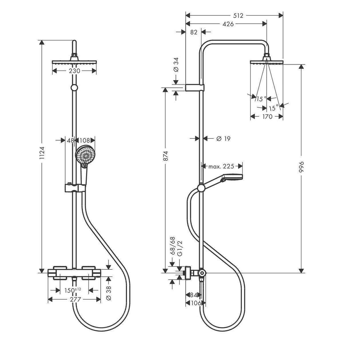 Technische Strichzeichnung eines Duschenystems mit Kopfbrause und Handbrause, zeigt Vorder- und Seitenansichten mit detaillierten Abmessungen in Millimetern.