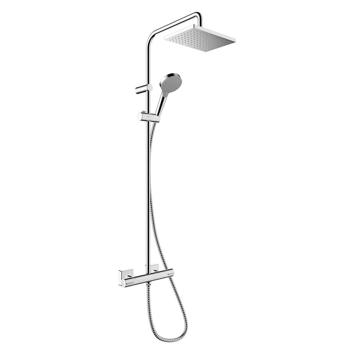 Chromeduscha-System mit quadratischem Regenduschkopf, tragbarem Handbrausekopf und wandmontierter Bedienung auf weißem Hintergrund.