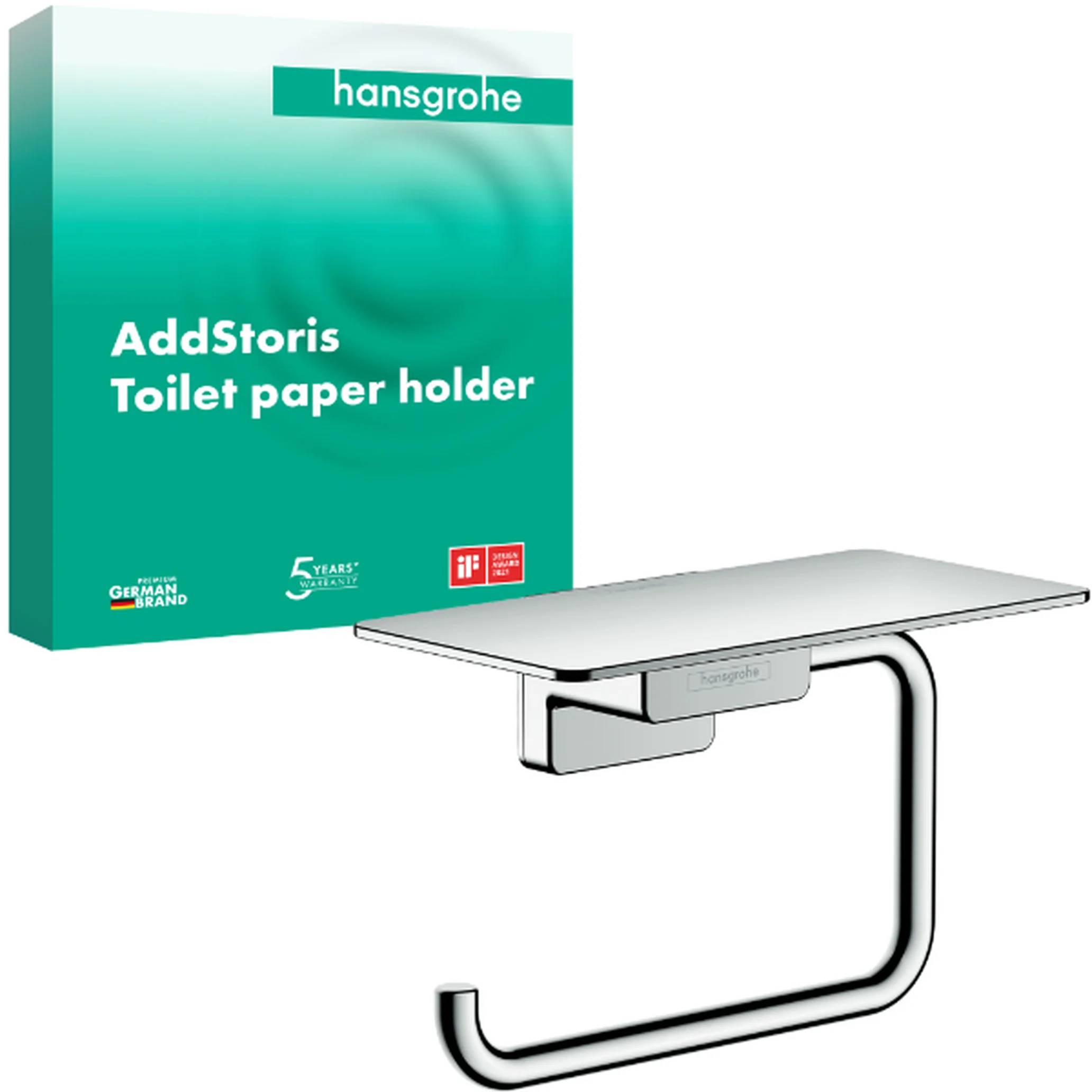 Hansgrohe AddStoris Toilettenpapierhalter, abgebildet mit seiner Produktverpackung.