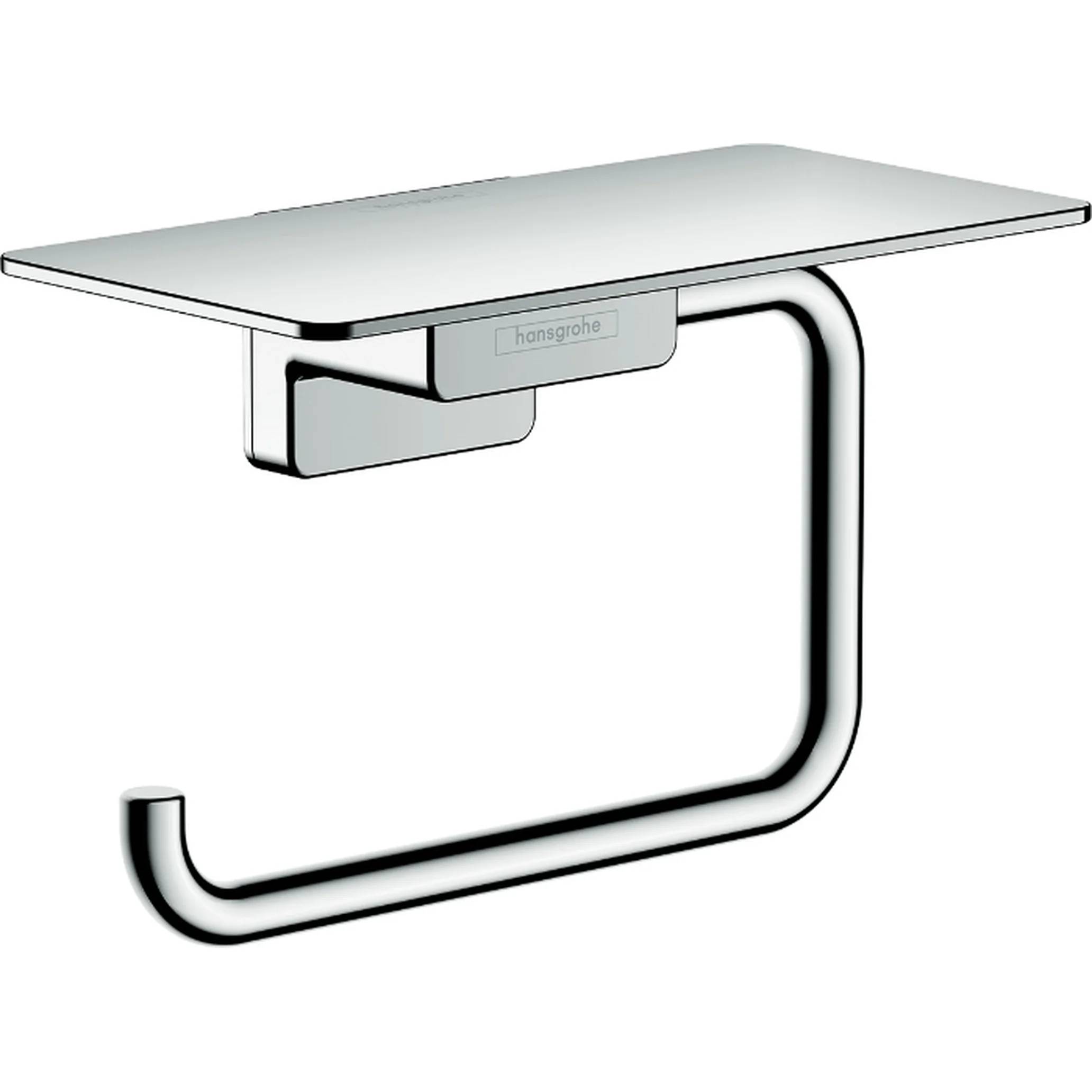 Chrom-Wandmontage-Toilettenpapierhalter mit flacher oberer Ablage und offener U-förmiger Rollenhalterung.