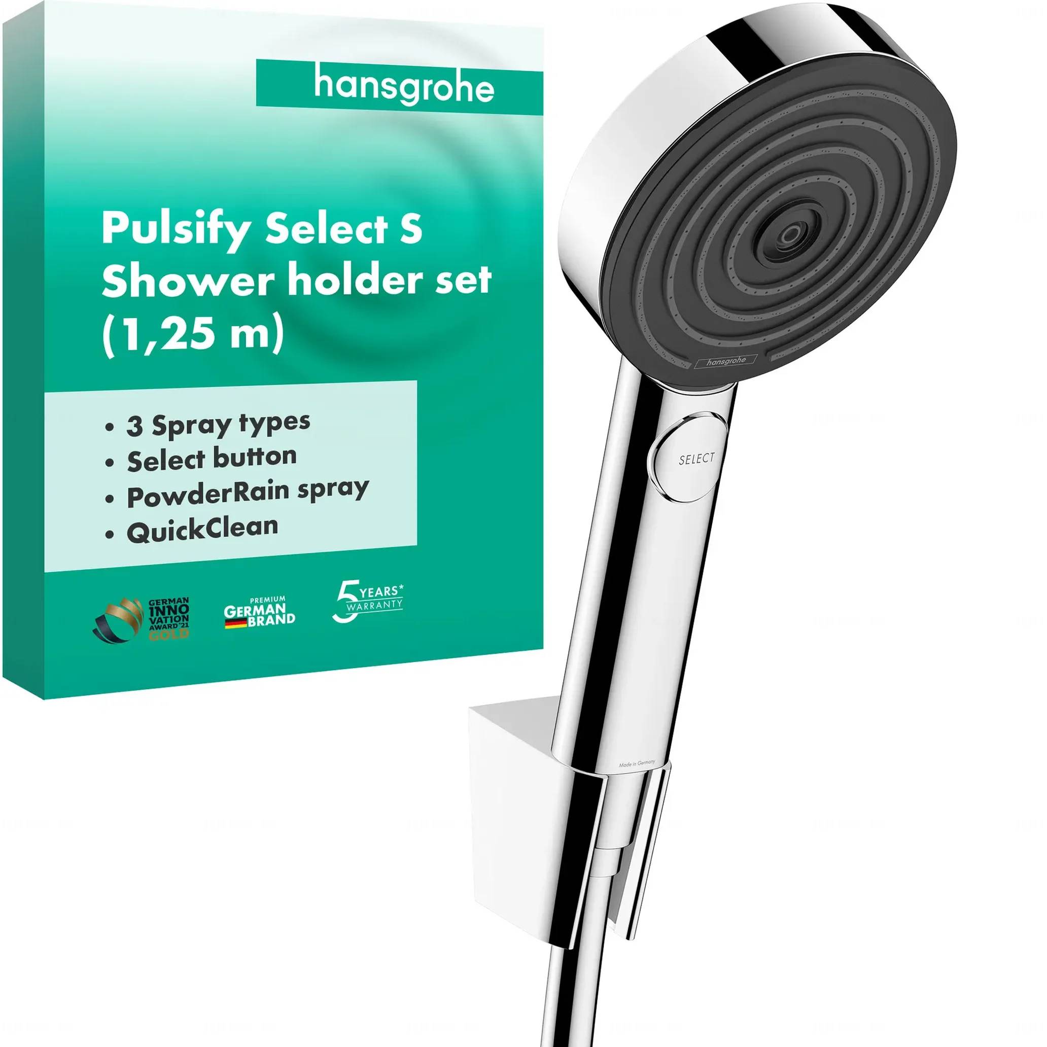 Produktbox und tragbarer Duschkopf für Hansgrohe Pulsify Select S Duschhalter-Set, zeigt 3 Sprühtypen, Select-Taste, PowerRain-Spray und QuickClean.