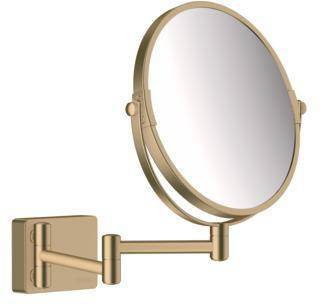Goldfarbener wandmontierter Schwenkfrisierspiegel mit rundem verstellbarem Spiegelarm auf quadratischer Basis vor weißem Hintergrund