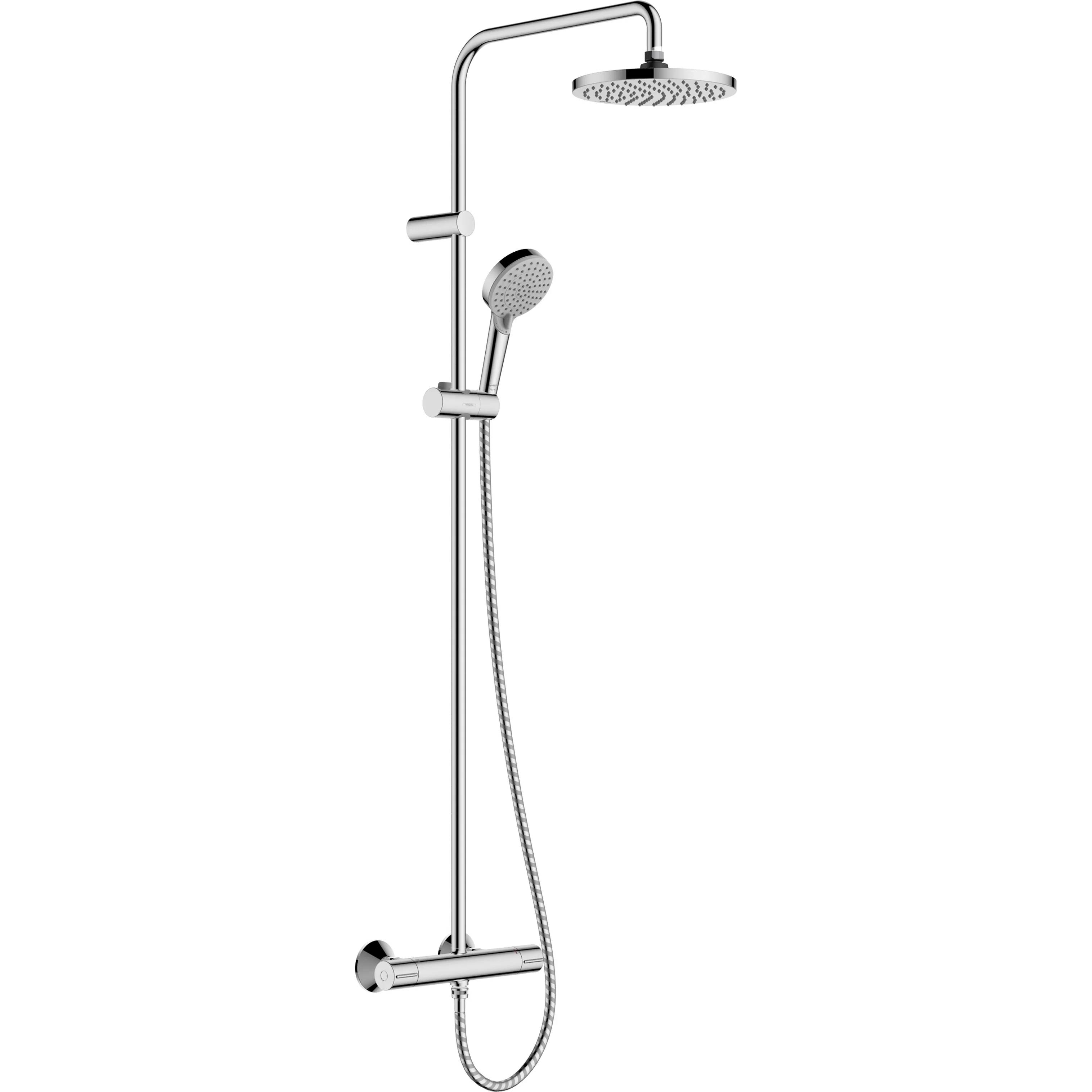 Chromdusch-System mit Overhead-Regenduschkopf, Handbrause und wandmontierter Bedienungsleiste auf weißem Hintergrund.
