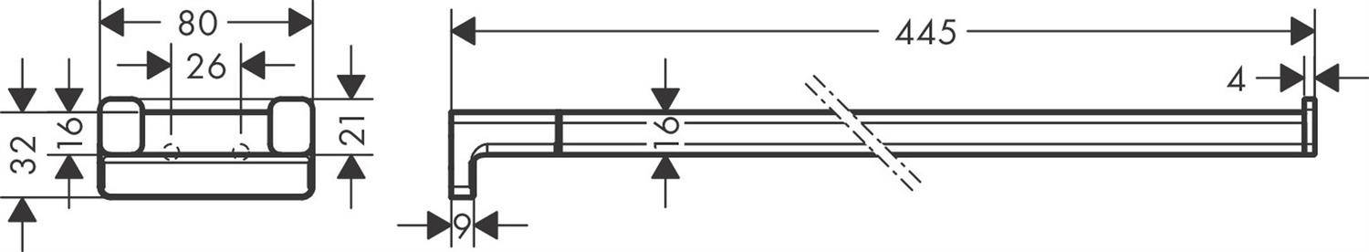 Technische Dimensionszeichnung eines langen rechteckigen Teils mit End- und Seitenansichten und beschrifteten Maßen 80, 26, 32, 16, 21, 445, 9 und 4.
