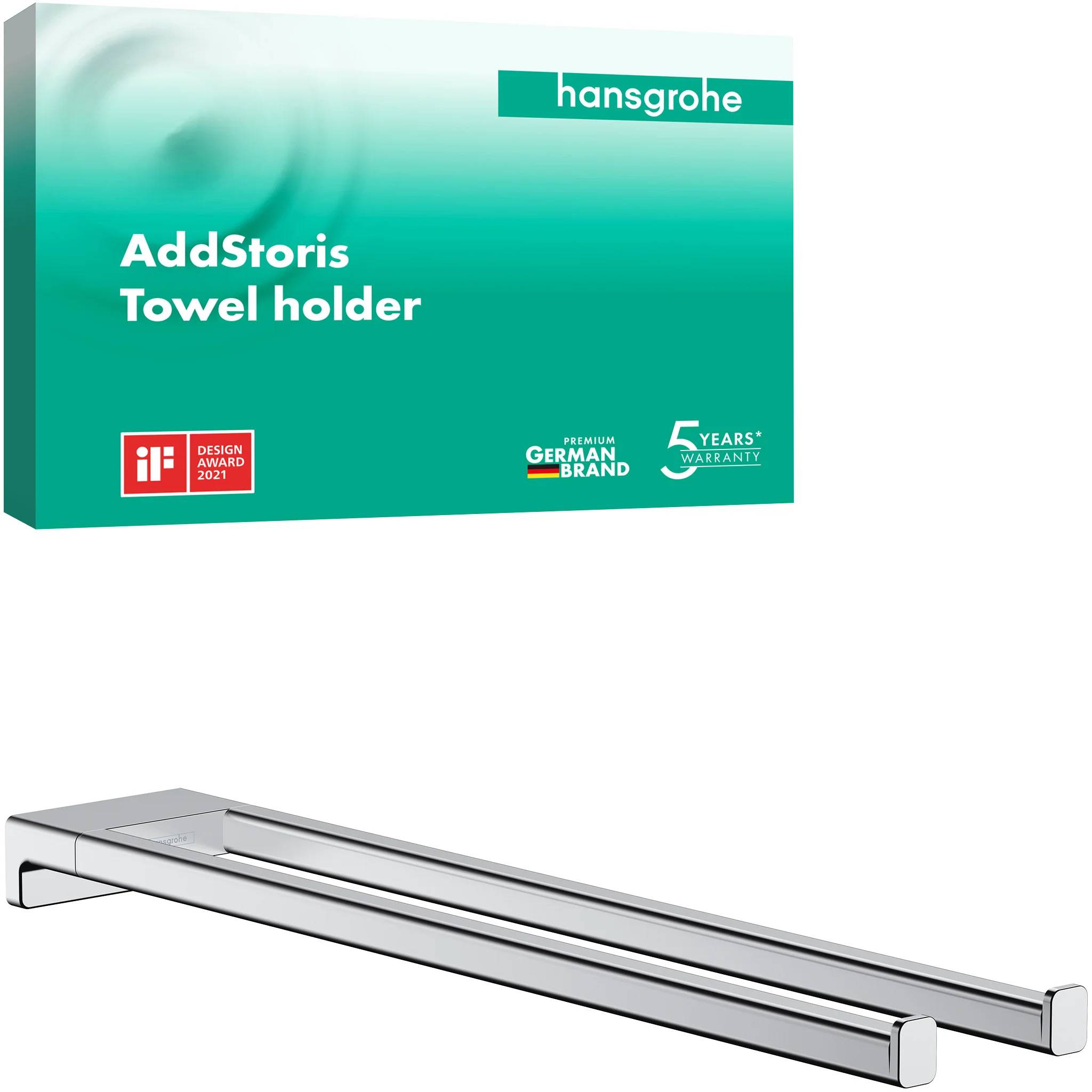 Hansgrohe AddStoris Handtuchhalter abgebildet mit Produktverpackung, mit Auszeichnungs- und 5-Jahres-Garantie-Logos.