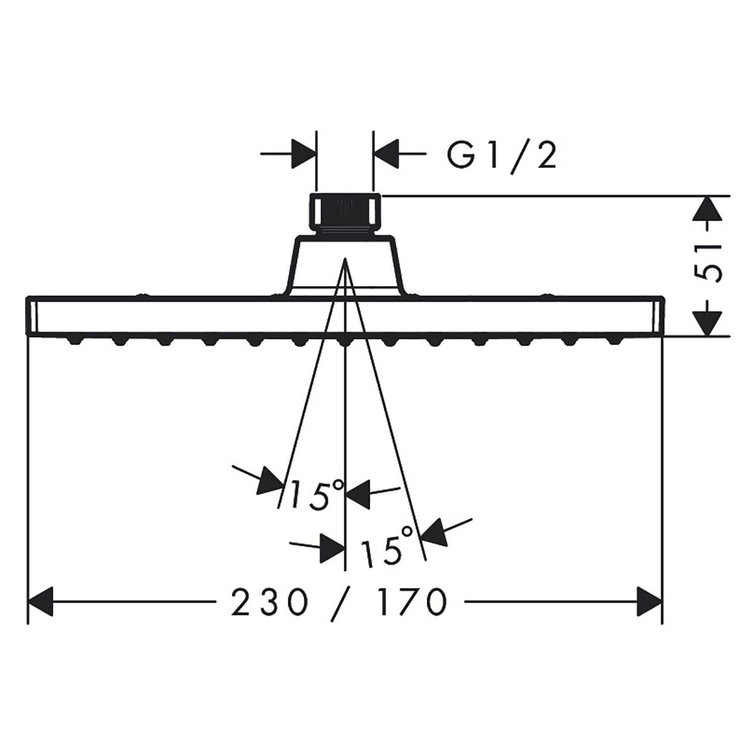 Technische Zeichnung eines Duschkopfs mit G1/2-Anschluss, 51 mm Höhe, 230/170 mm Breite und 15° Sprühwinkeln.
