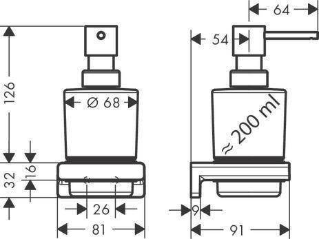 Diagramm einer Sprühflasche mit Abmessungen: Höhe des Deckels 54 mm, Flaschendurchmesser 68 mm, Gesamthöhe 91 mm, Basis 26 x 80 mm, Fassungsvermögen ca. 200 ml.
