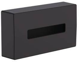 Eine rechteckige schwarze Taschentuchbox mit einem horizontalen Schlitz an der Oberseite zum Entnehmen von Taschentüchern.
