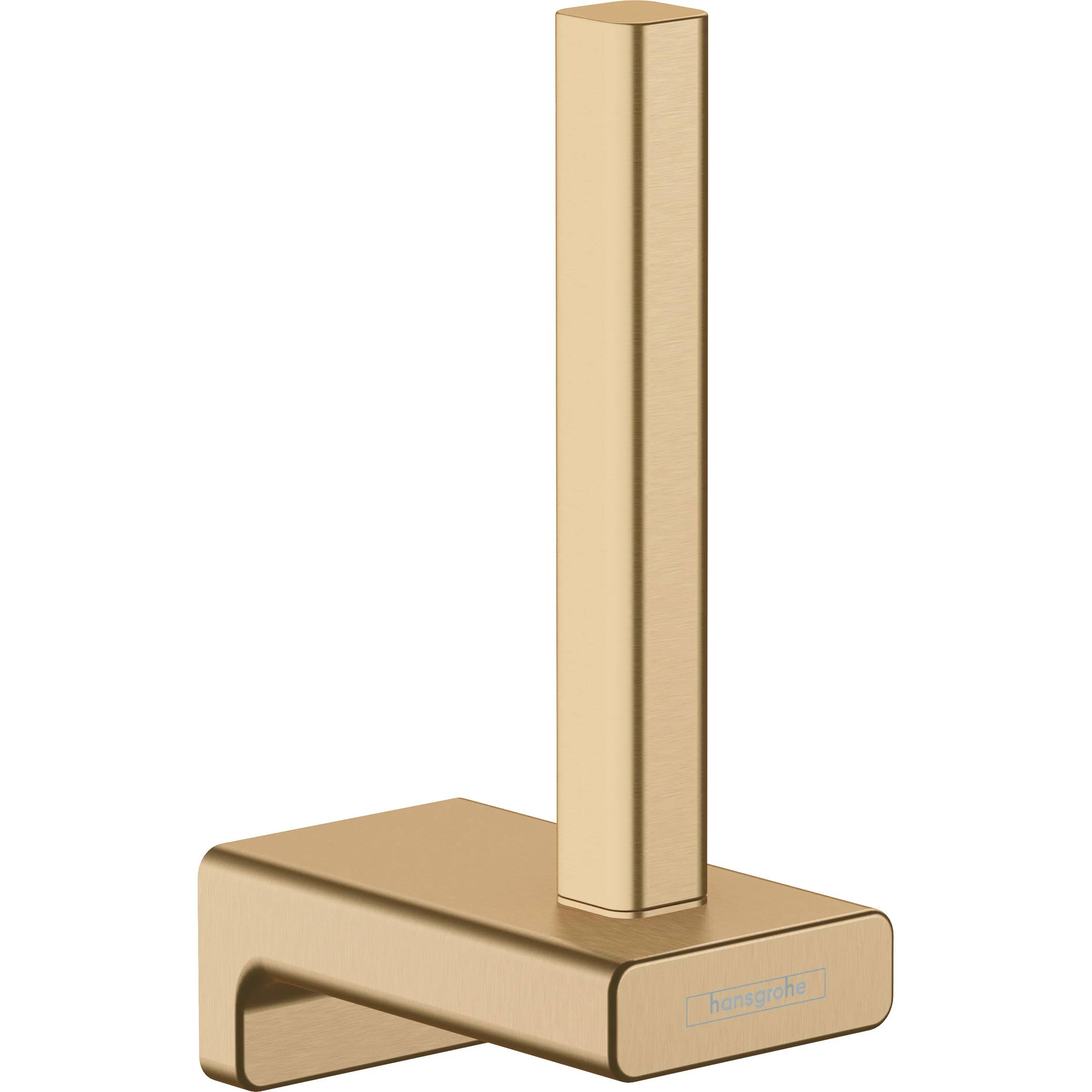 Toilettenpapierhalter in Goldfarbe im modernen Design mit einem hohen vertikalen Arm auf rechteckiger Basis.
