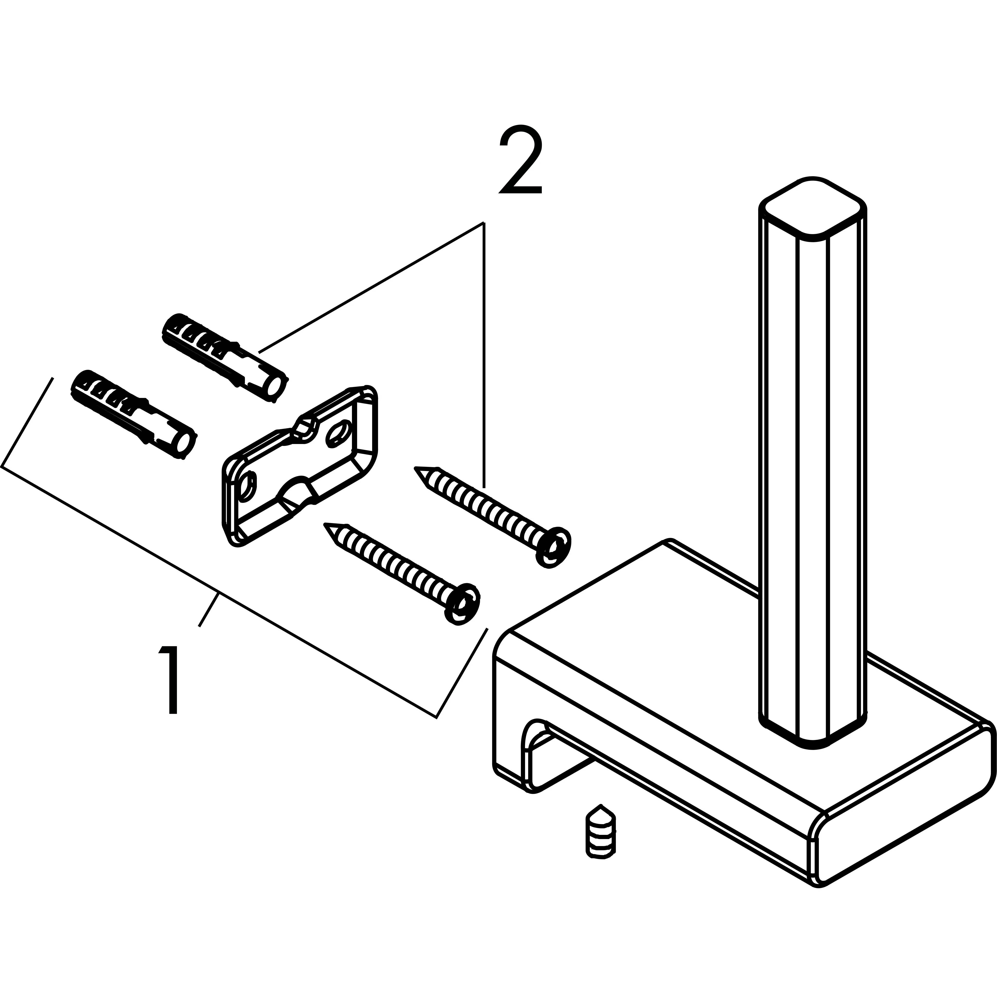 Montagediagramm mit den Teilen 1 und 2: Wandanker, eine Befestigungsplatte, Schrauben und eine Basis mit vertikalem Pfosten zur Installation.