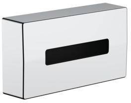 Eine rechteckige silberne Kosmetiktücherbox mit einem zentralen Schlitz zum Herauszuziehen der Tücher.