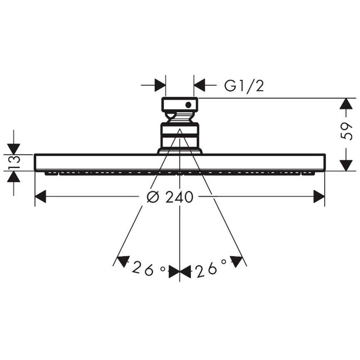 Technische Zeichnung eines runden Duschkopfes mit G1/2-Anschluss, 240 mm Durchmesser, 59 mm Höhe, 13 mm Wandstärke und 26° Sprühwinkel.