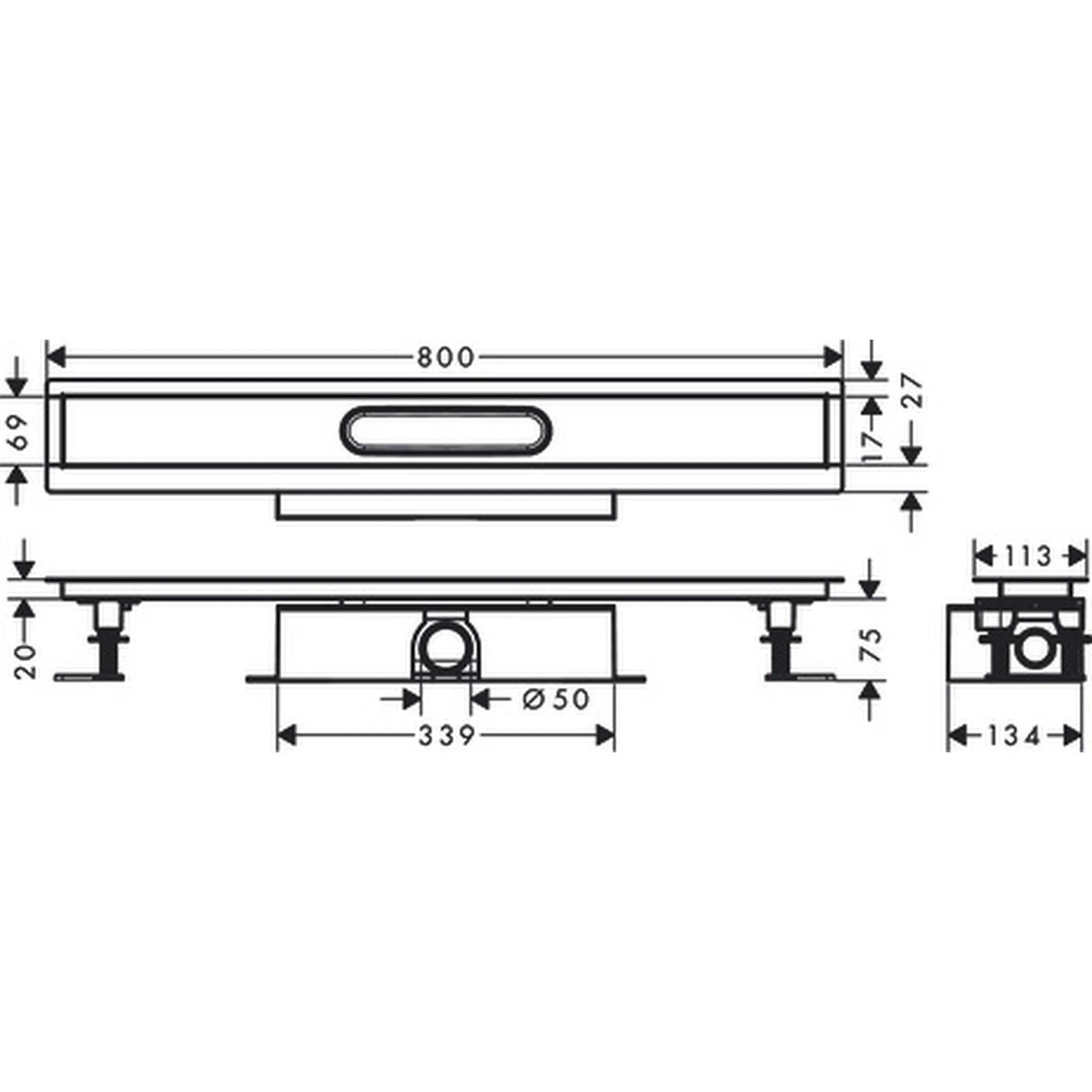 Technische Maßstabzeichnung eines rechteckigen Geräts, 800 mm breit und 27 mm hoch, mit Seitenansicht und Vorderansicht mit Befestigungsstützen und Abmessungen der zentralen kreisförmigen Öffnung.