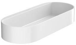 Eine weiße, moderne, ovale Badewanne mit glatten, abgerundeten Kanten, aus einem Blickwinkel betrachtet.