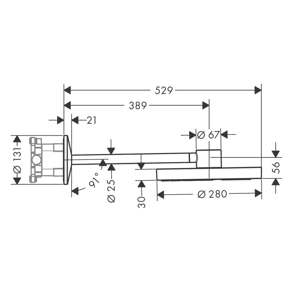 Technische Seitenansicht-Maßzeichnung eines mechanischen Teils, die eine lange Welleneinheit mit Abmessungen zeigt, einschließlich 529, 389, 280, 131, 67, 56, 30, 25 und 21 mm.