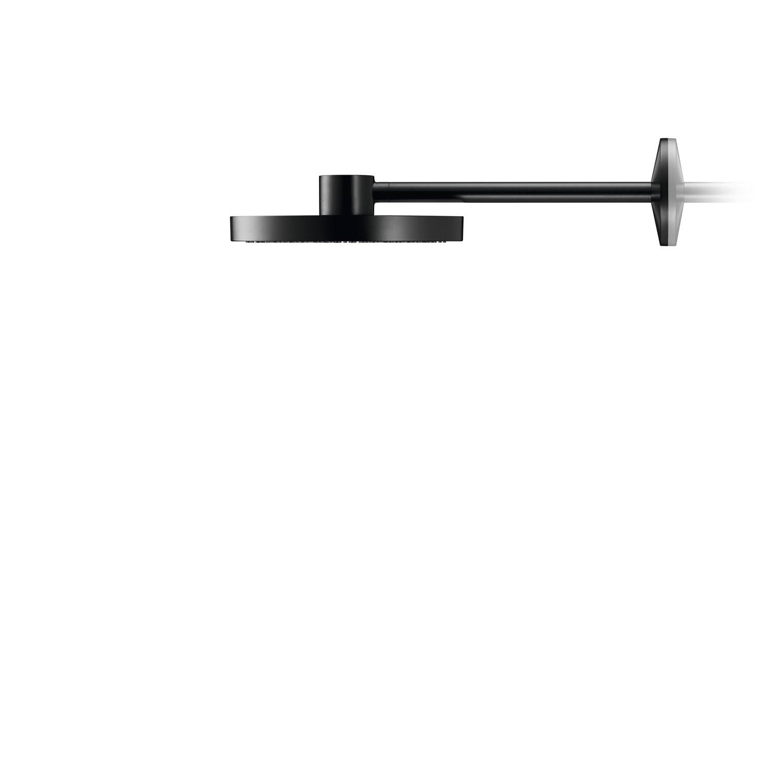 Schwarzer, an der Wand montierter runder Duschkopf mit horizontalem Arm auf weißem Hintergrund.