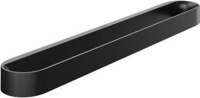 Schwarzes längliches ovales Tablett oder eine Schale mit erhöhten Seiten auf weißem Hintergrund.