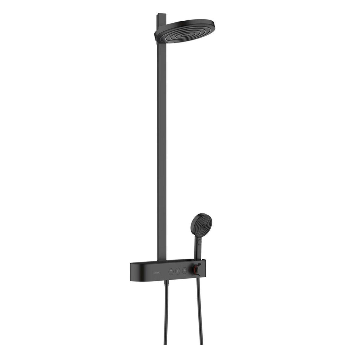 Modernes schwarzes Duschunsystem mit Kopfbrause, Handbrause und Bedienfeld an einer vertikalen Säule.