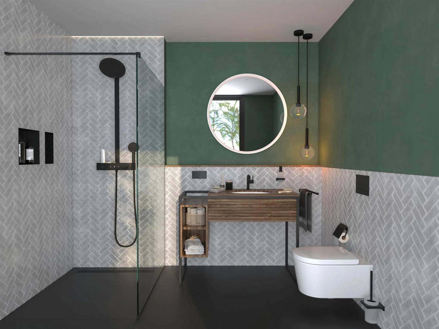Modernes Badezimmerinterieur mit begehbarer Dusche, wandmontiertem Waschtisch, rundem Spiegel und Toilette vor grünen und gemusterten Fliesenwänden.