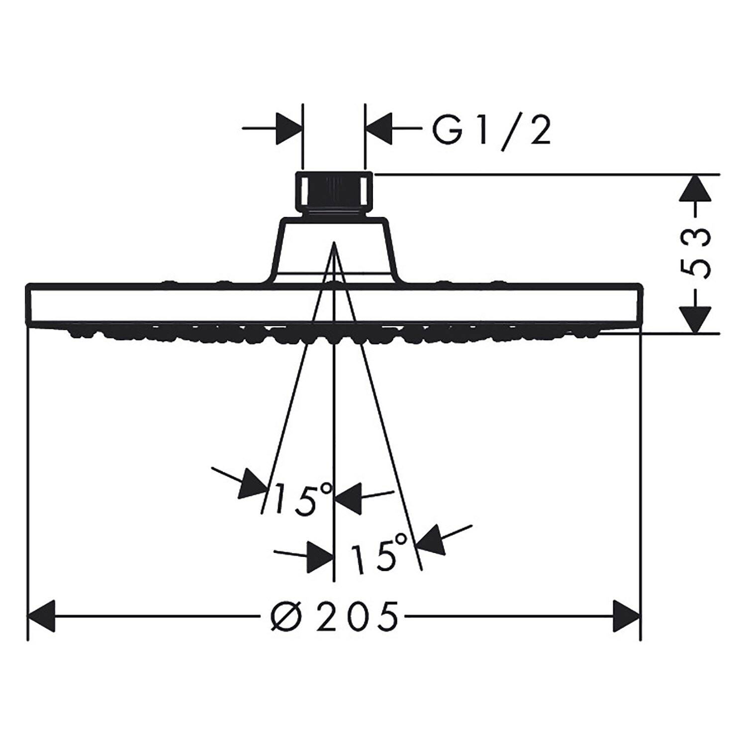 Technische Zeichnung eines Duschkopfes: G1/2-Anschluss, Höhe 53 mm, Durchmesser 205 mm und zwei Sprühwinkel von 15°.