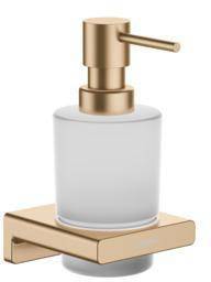 Ein eleganter Seifenspender aus mattiertem Glas mit einer Bronze-Pumpe und Basis, der sich perfekt in moderne Badezimmereinrichtungen einfügt.