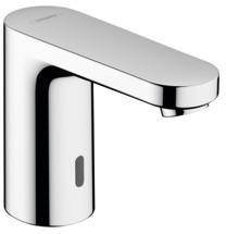 Chrom-Automatik-Sensor-Wasserhahn mit zylindrischer Basis und flachem Auslauf, dargestellt auf weißem Hintergrund.