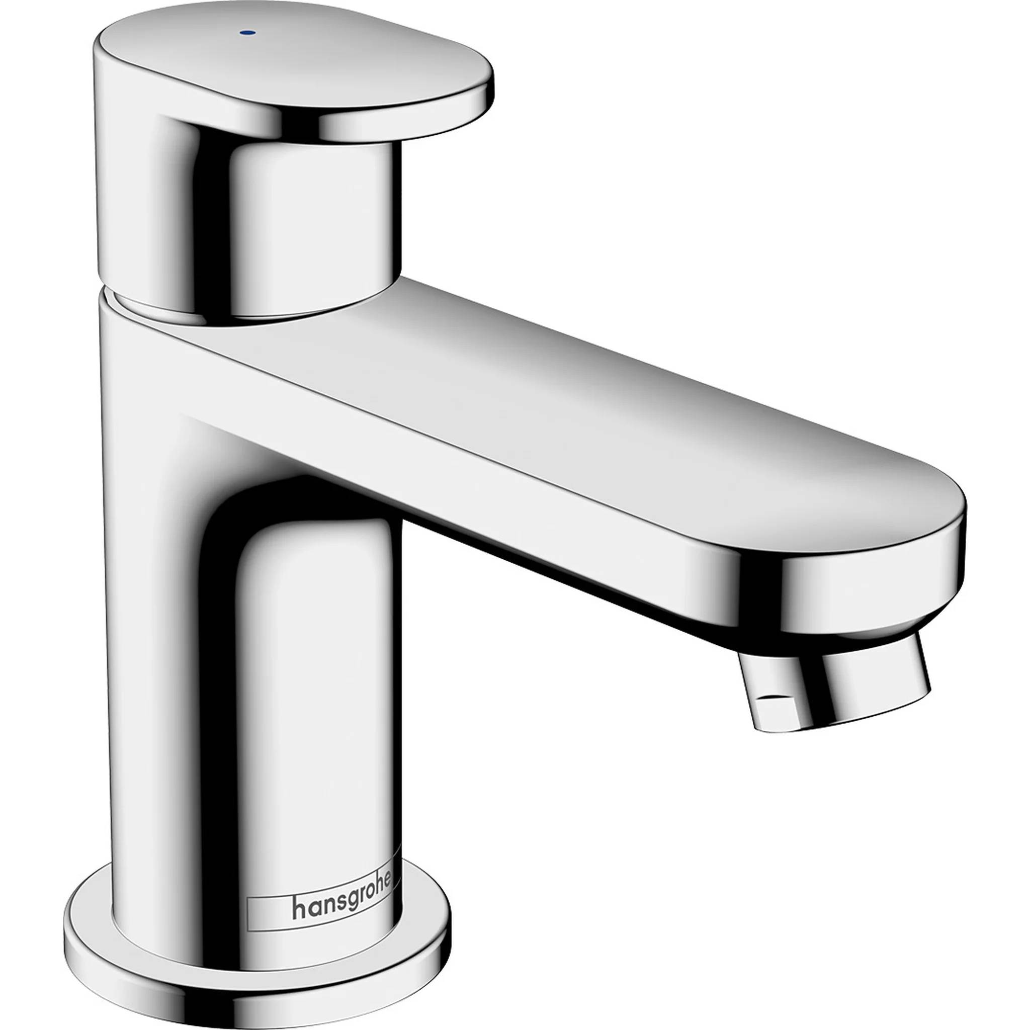 Eingriff-Badezimmerbatterie aus Chrom auf weißem Hintergrund, mit hoher zylindrischer Basis und gewinkltem Auslauf.