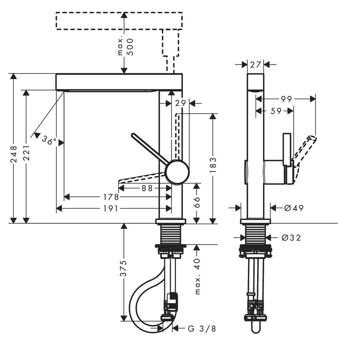 Technische Maßstabzeichnung einer Armatur-/Ventilbaugruppe mit Seiten- und Frontansicht, Maßangaben, Winkel und einer G 3/8-Verbindung.